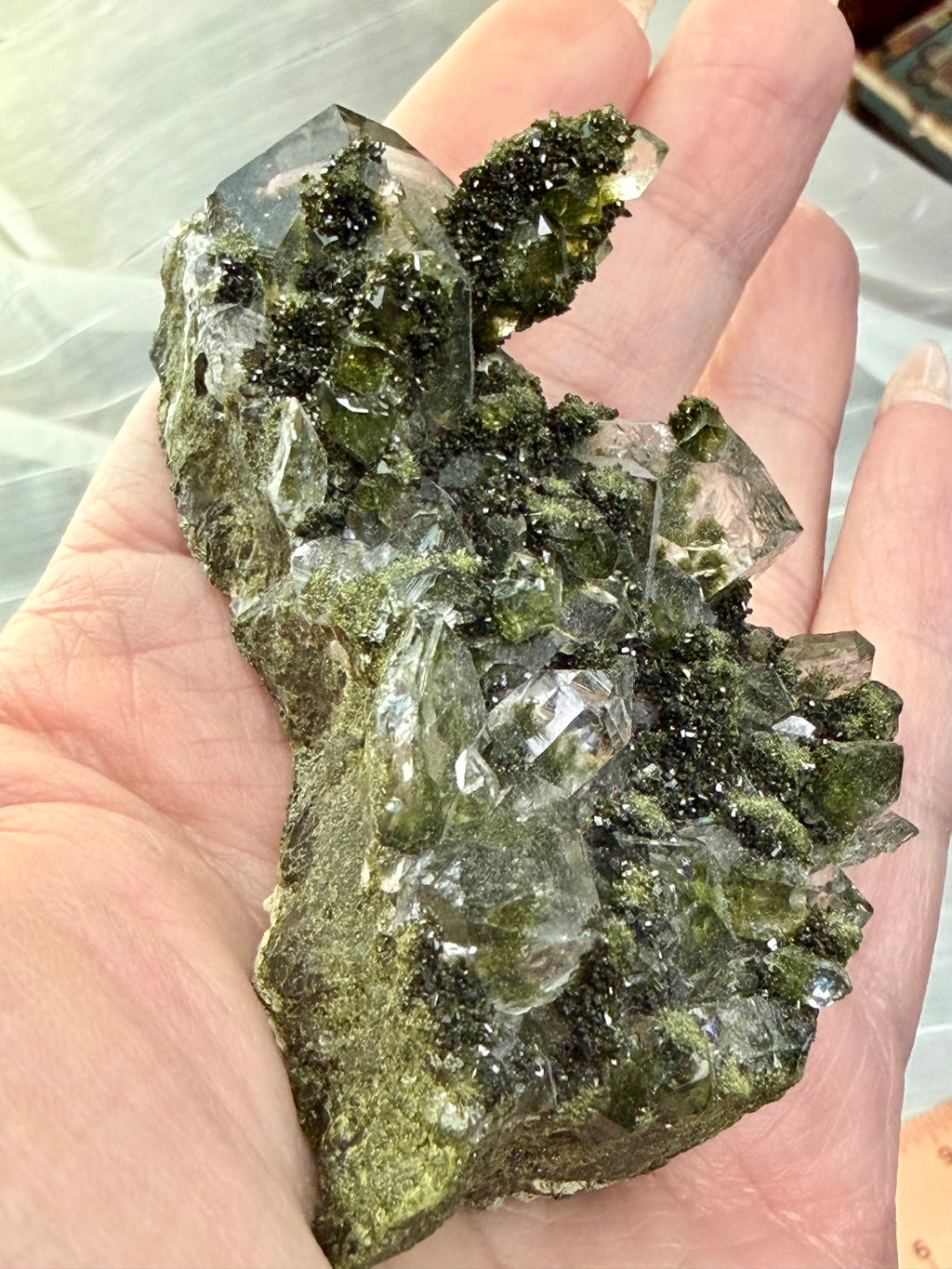 Natural Epidote on Quartz Crystal Cluster - Green Mineral Specimen 2.5"