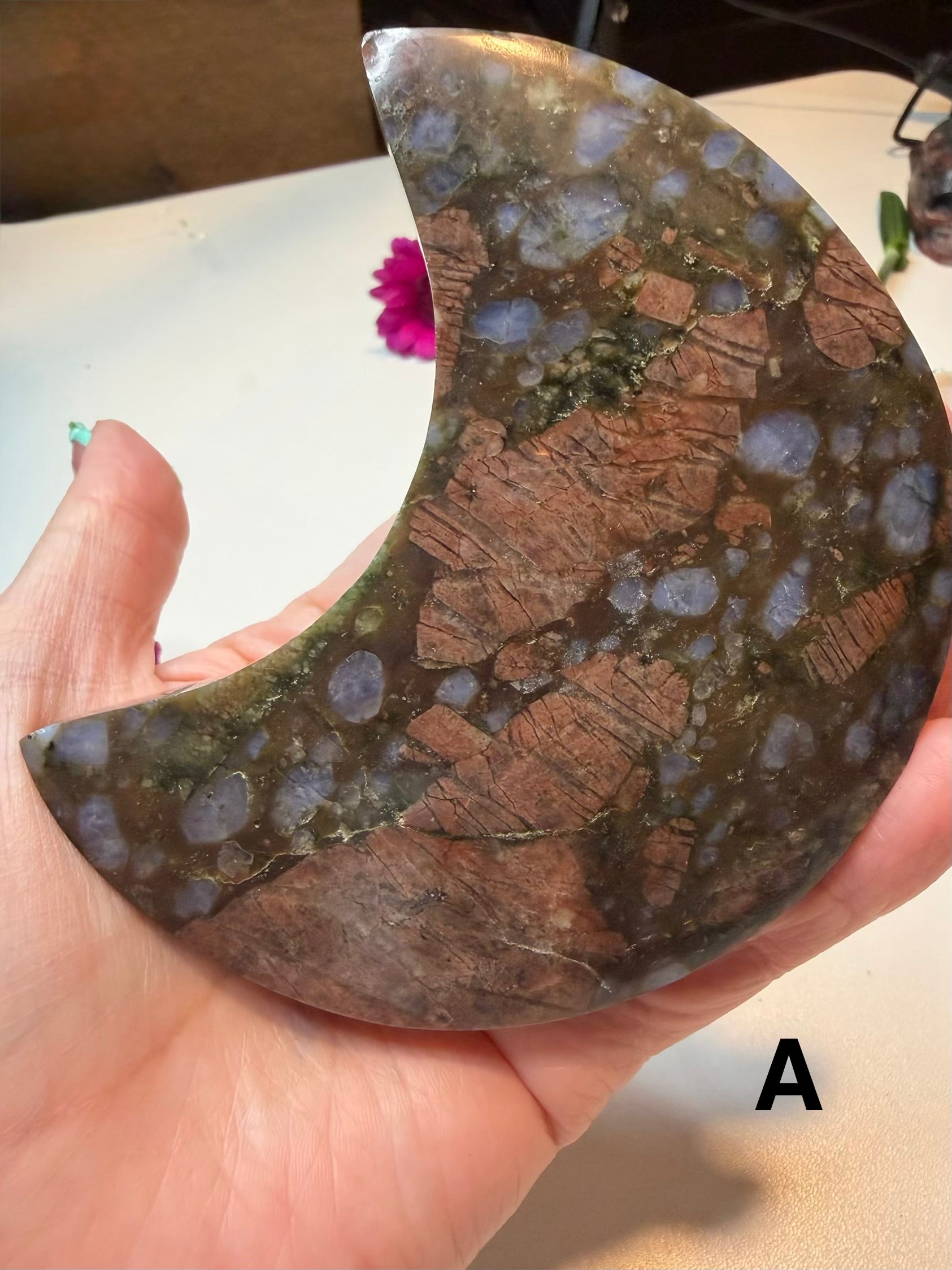 Que Sera Jasper Crescent Moon Carvings