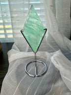 Green Fluorite Diamond Carving on Silver Metal Stand - UV Reactive Decor