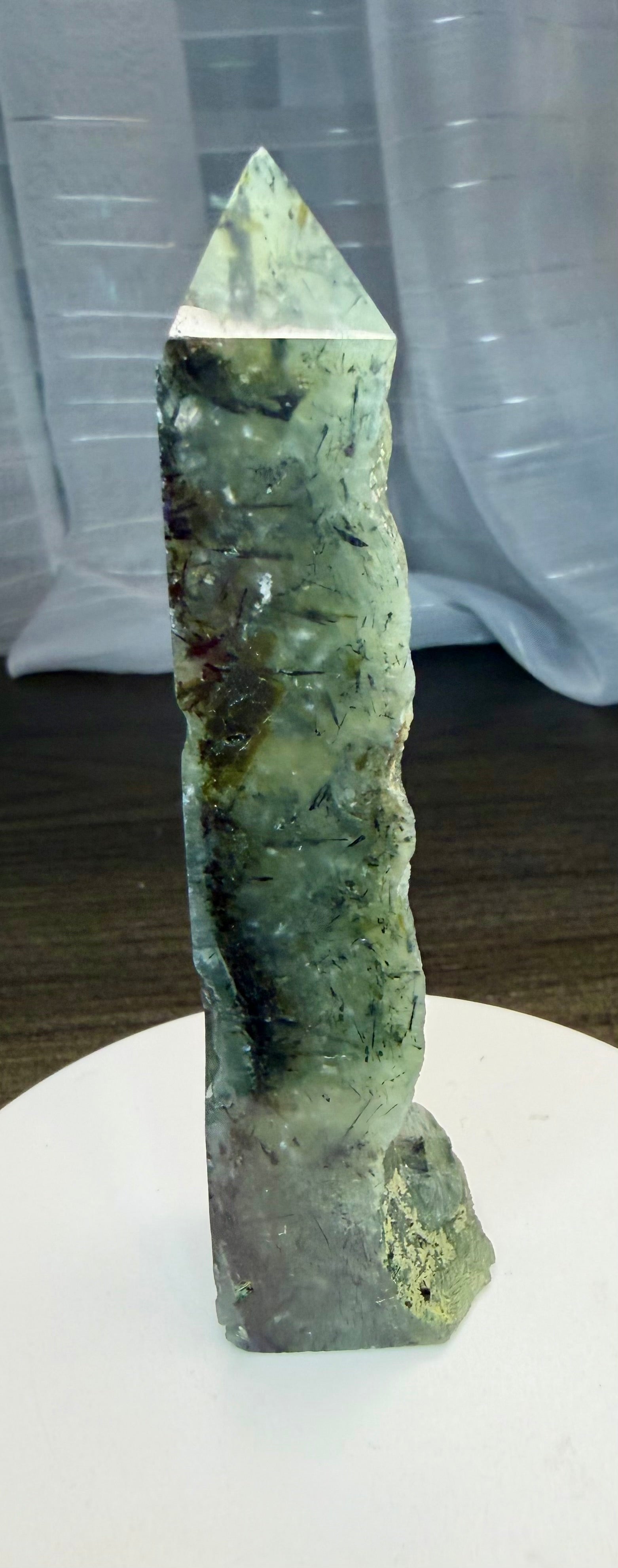 Prehnite with Epidote Crystal Tower Point - Half Polished Half Raw