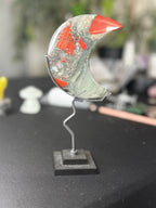 African Bloodstone Crescent Moon on Metal Stand - Natural Stone Decor