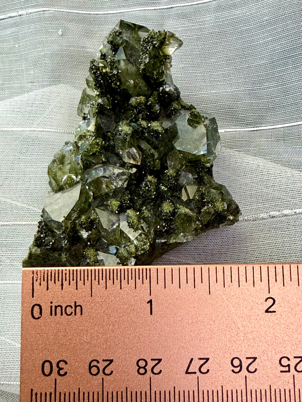Natural Epidote on Quartz Crystal Cluster - Green Mineral Specimen 2.5"