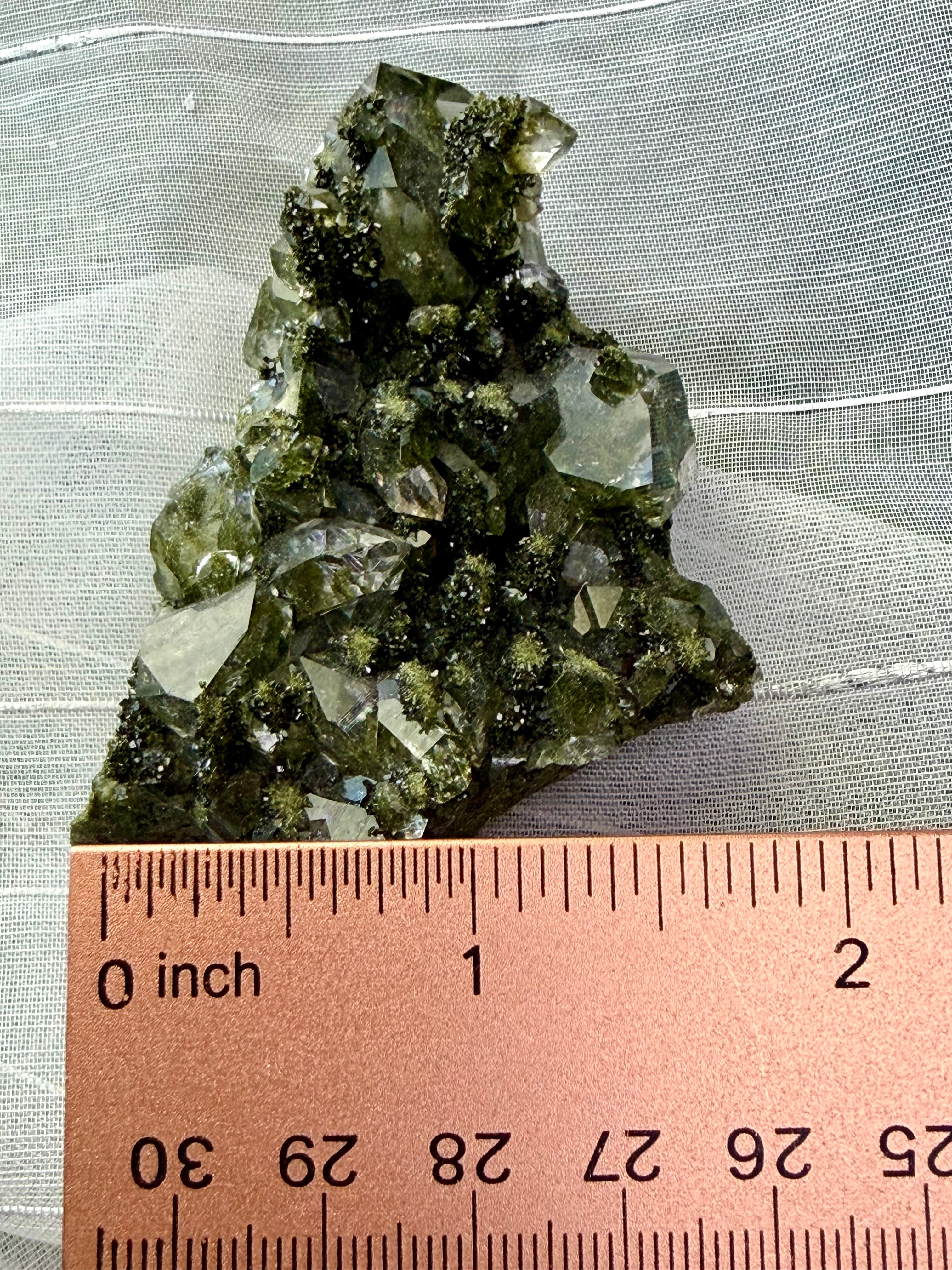 Natural Epidote on Quartz Crystal Cluster - Green Mineral Specimen 2.5"