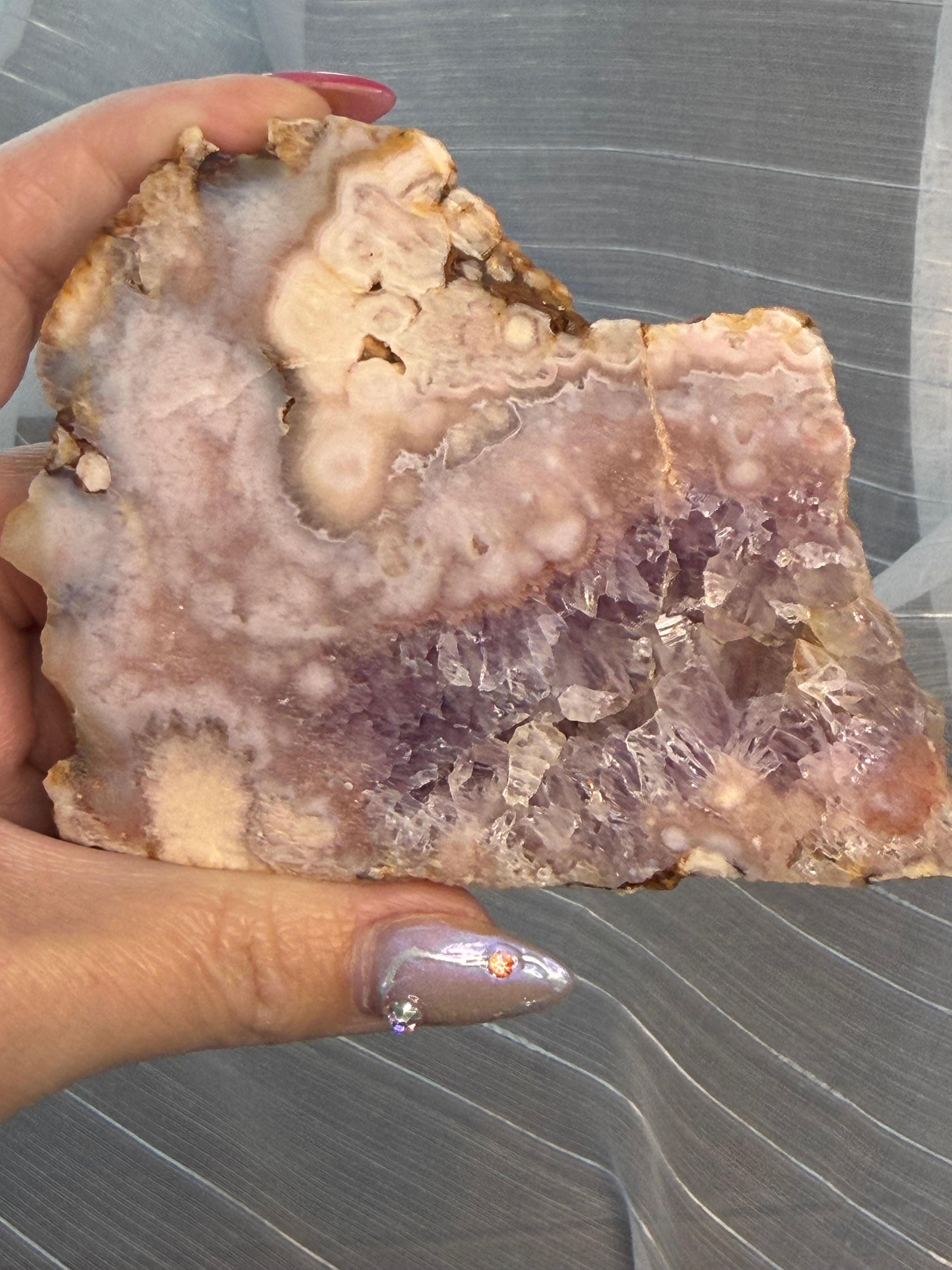 Pink Amethyst Flower Agate Slab with Stand - Natural Crystal Display