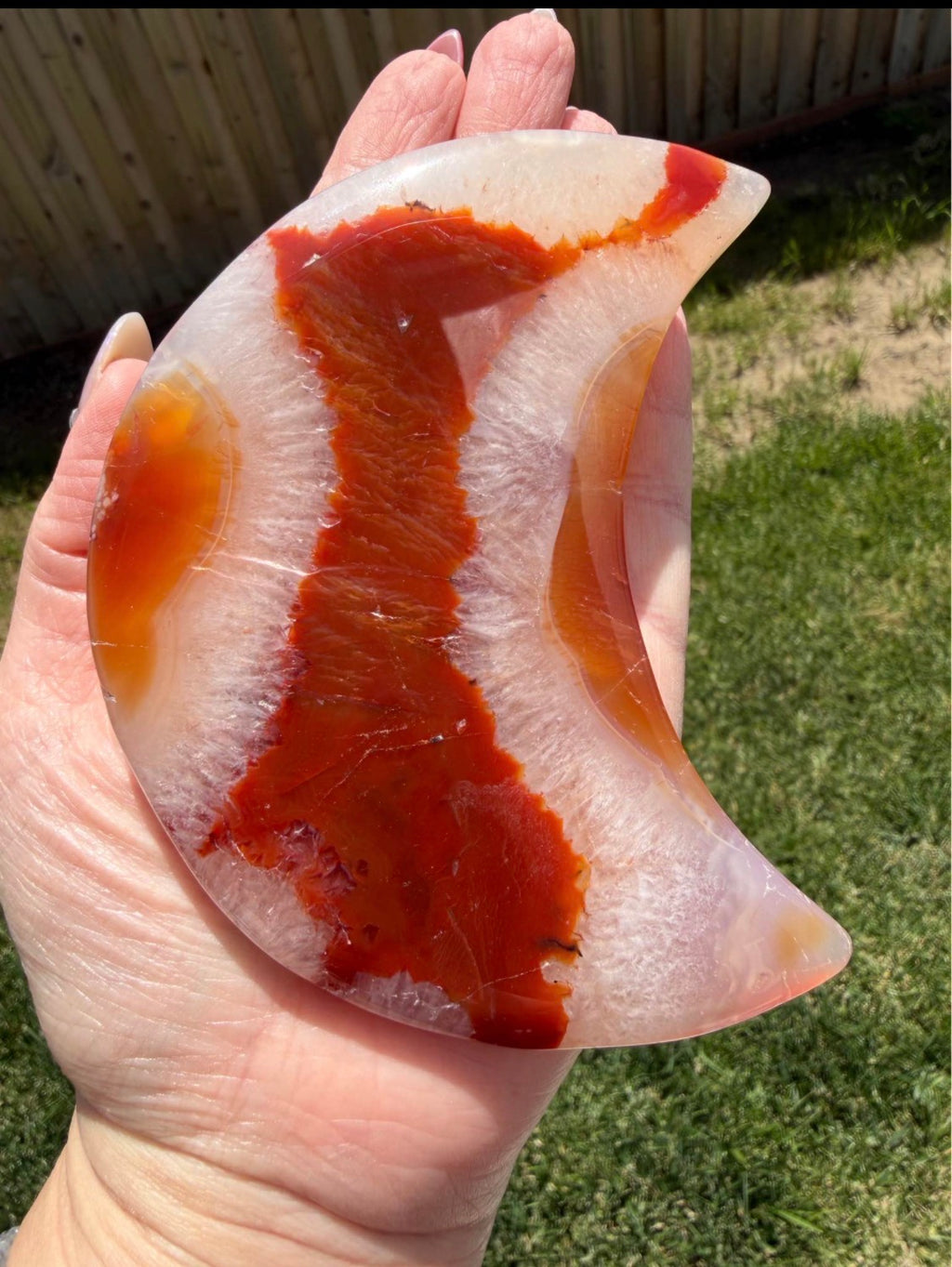 Beautiful Carnelian Agate Crescent Moon on Stand - Orange Red Natural Stone Decor