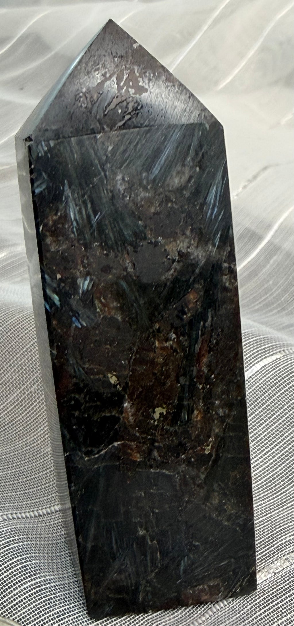 Arfvedsonite Polished Crystal Tower 2.5" - Black Stone with Blue Flash