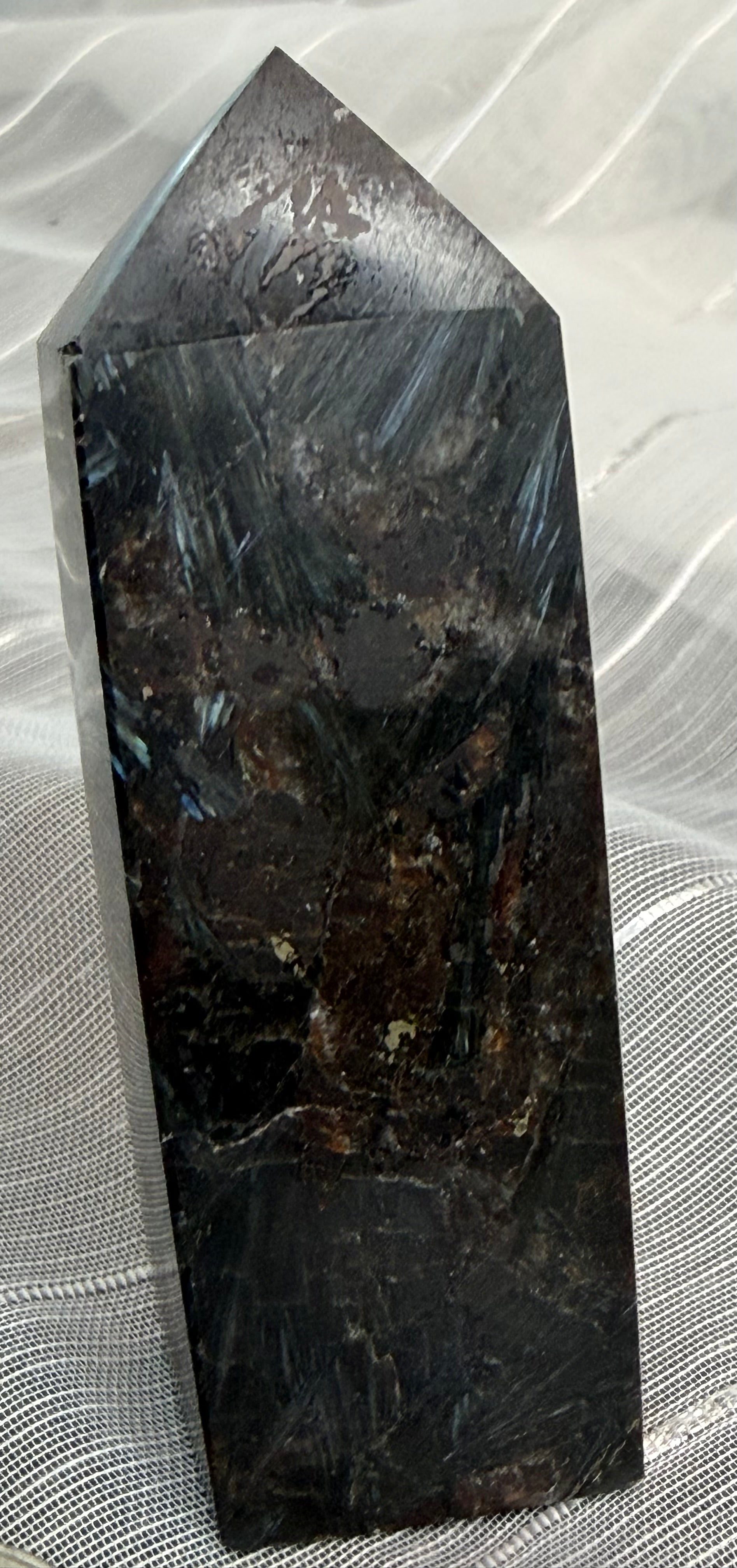 Arfvedsonite Polished Crystal Tower 2.5" - Black Stone with Blue Flash