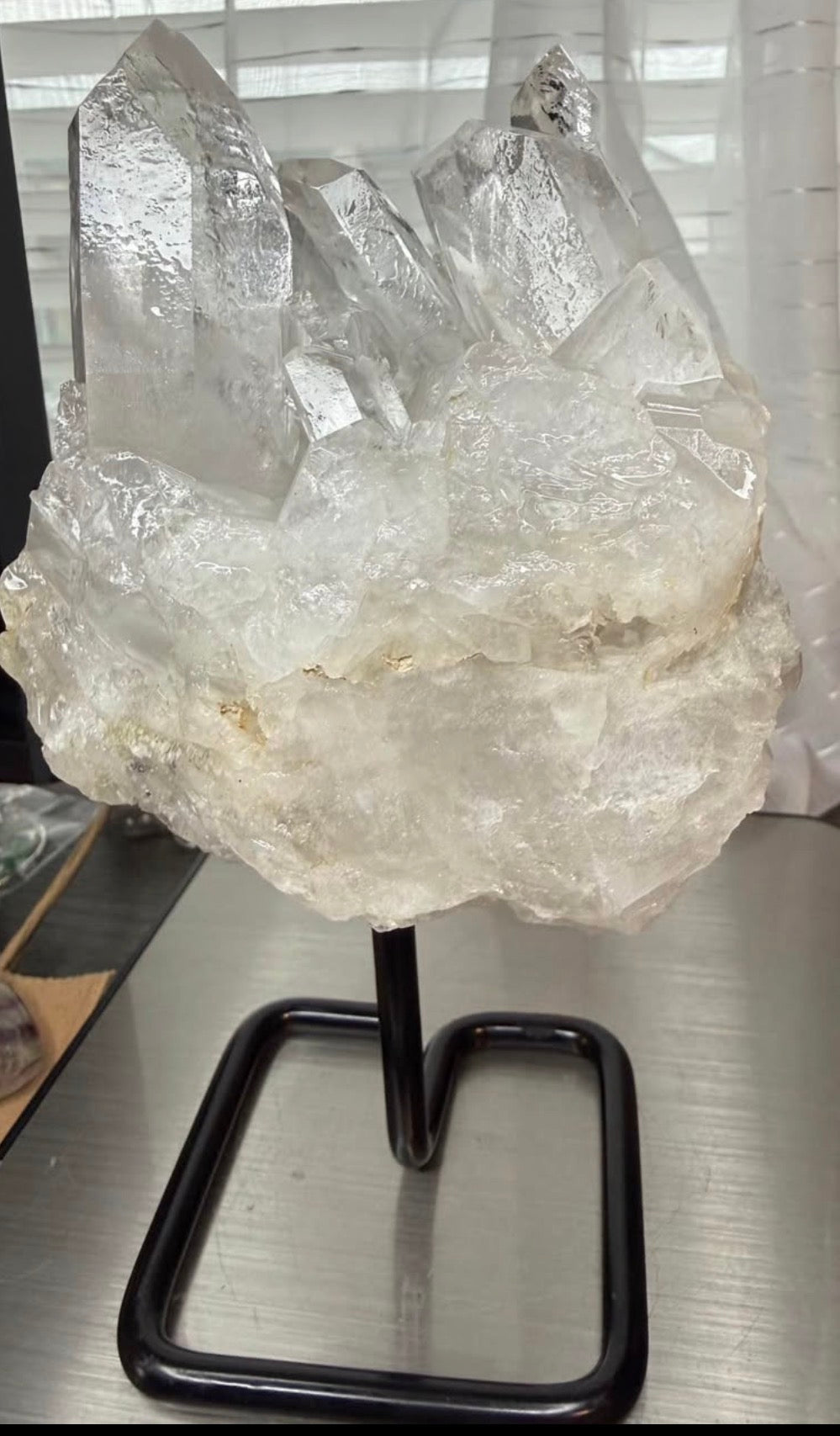 Large Brazilian Clear Quartz Crystal Cluster on Black Metal Stand - 2 lb 10.5 oz Natural Stone Decor