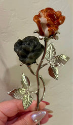 Labradorite and Red Jasper Carved Stone Roses on Metal Stem - Natural Stone Flower Decor