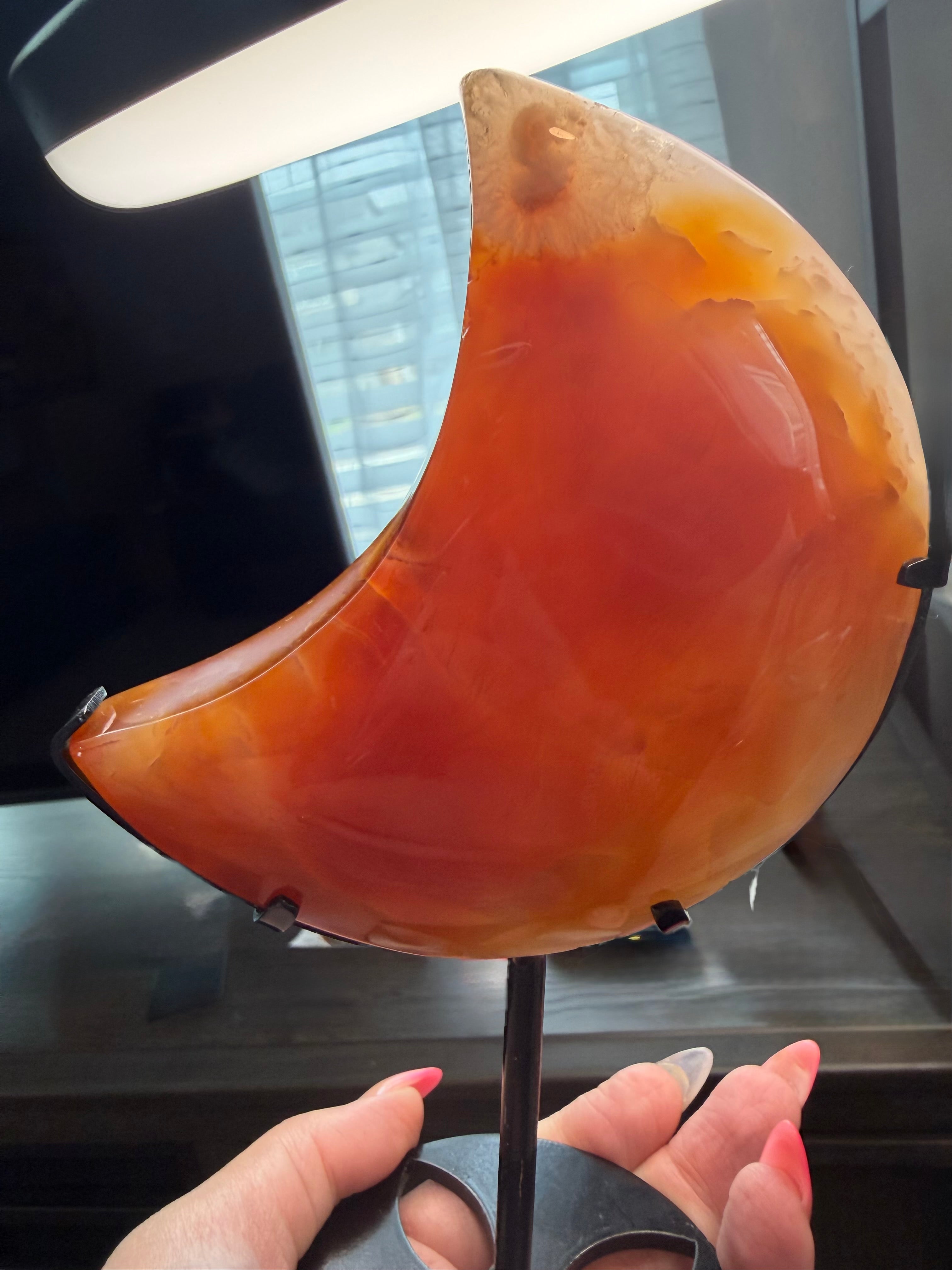 Carnelian Agate Crescent Moon on Stand - Natural Orange Stone 7" Display