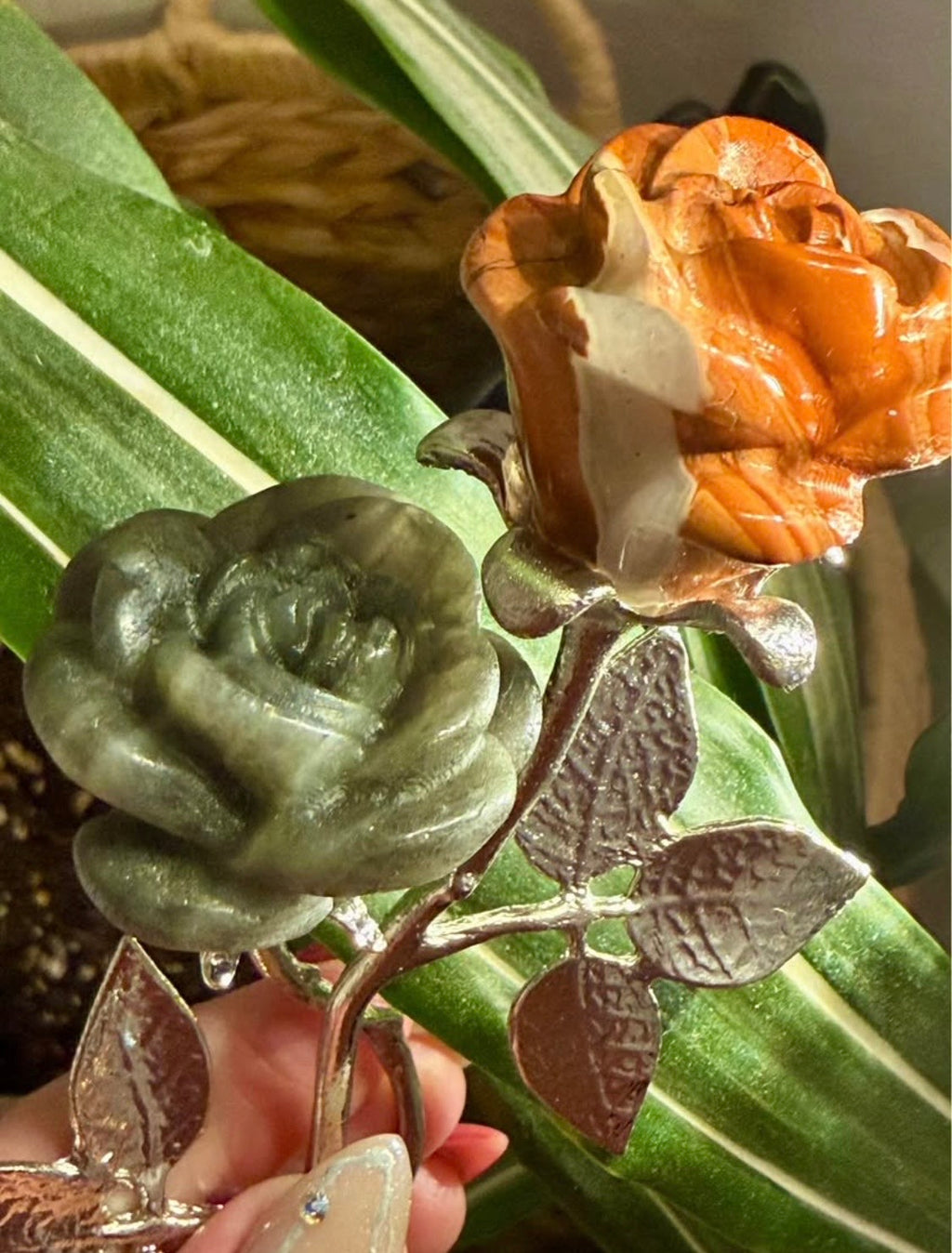 Labradorite and Red Jasper Carved Stone Roses on Metal Stem - Natural Stone Flower Decor