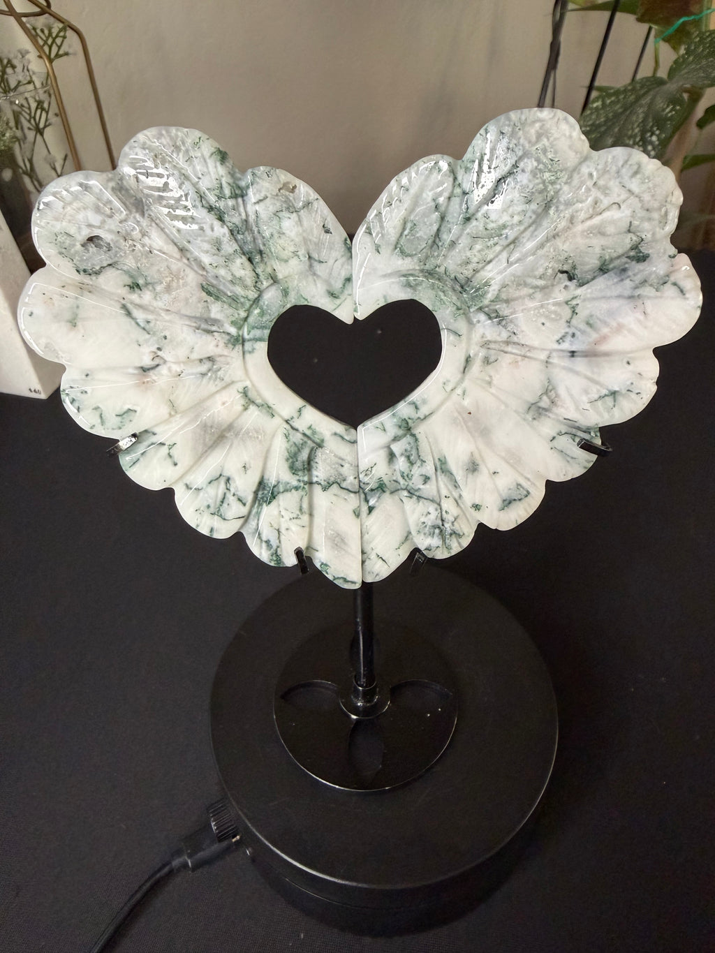 Tree Agate Heart Wing Carving with Stand