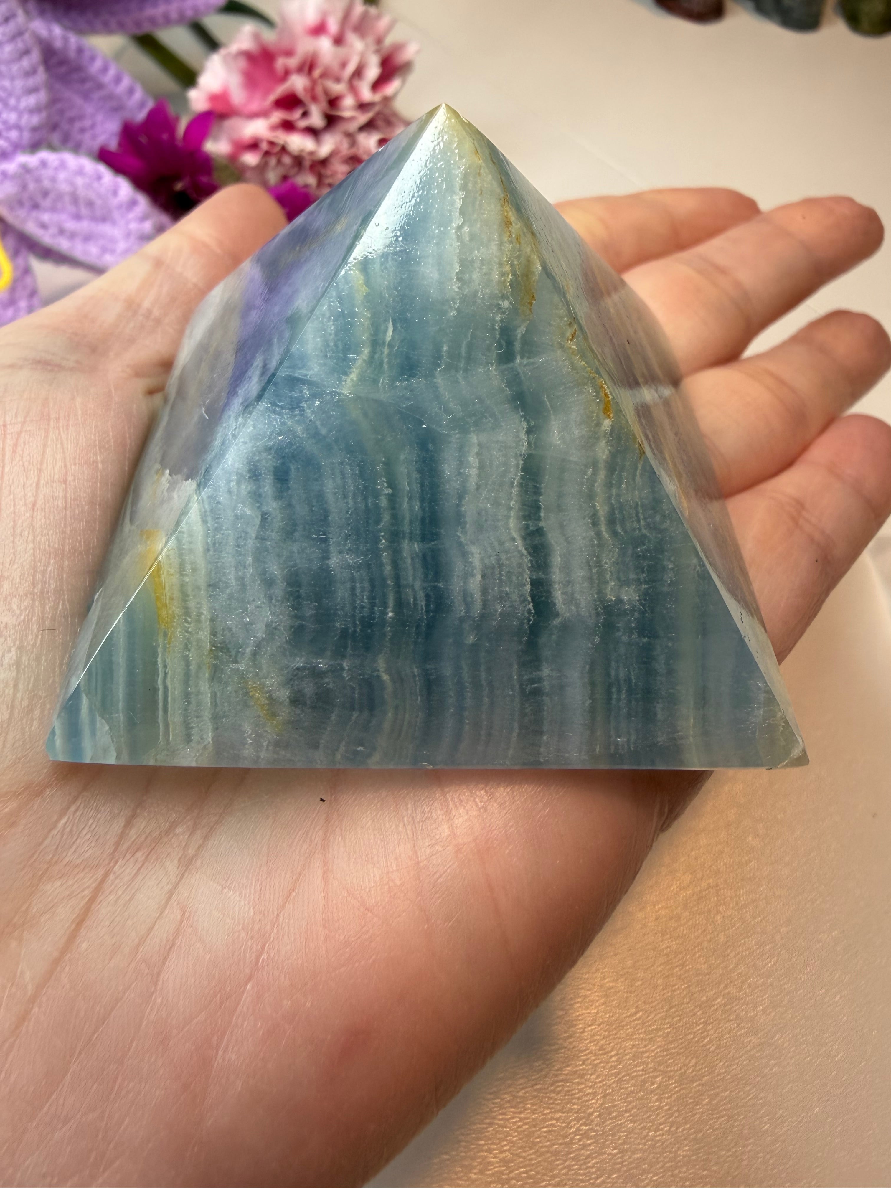Imperfect Blue Onyx Pyramid - Natural Banded Stone Carving for Home Decor