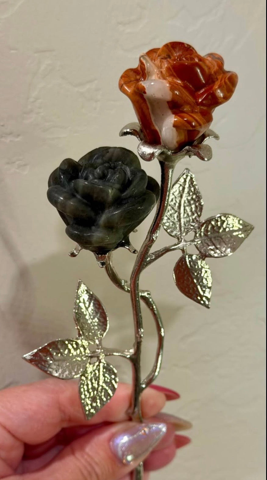 Labradorite and Red Jasper Carved Stone Roses on Metal Stem - Natural Stone Flower Decor