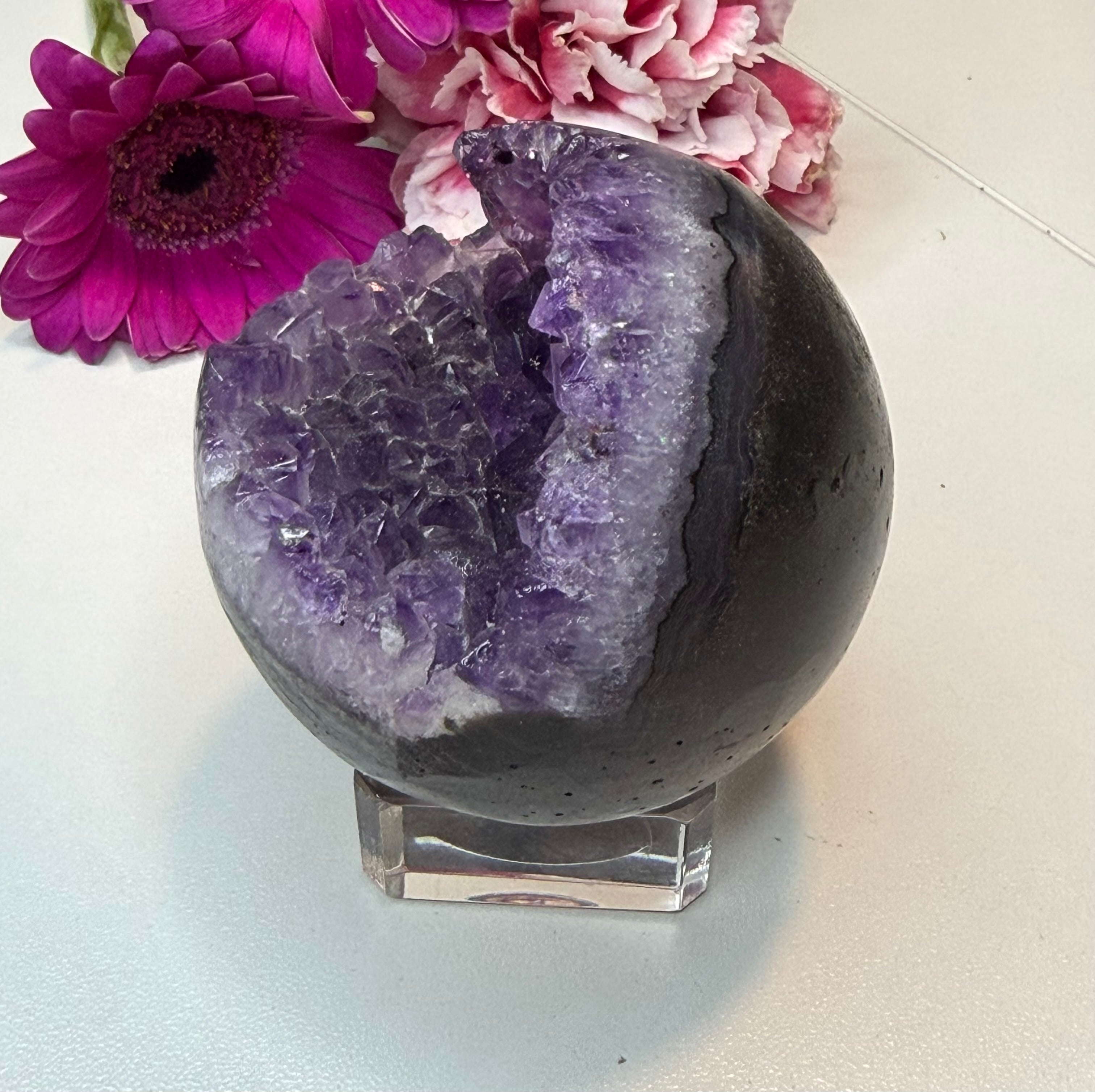 Amethyst ‘Pac-Man’ Geode Sphere with Stand - 60 mm