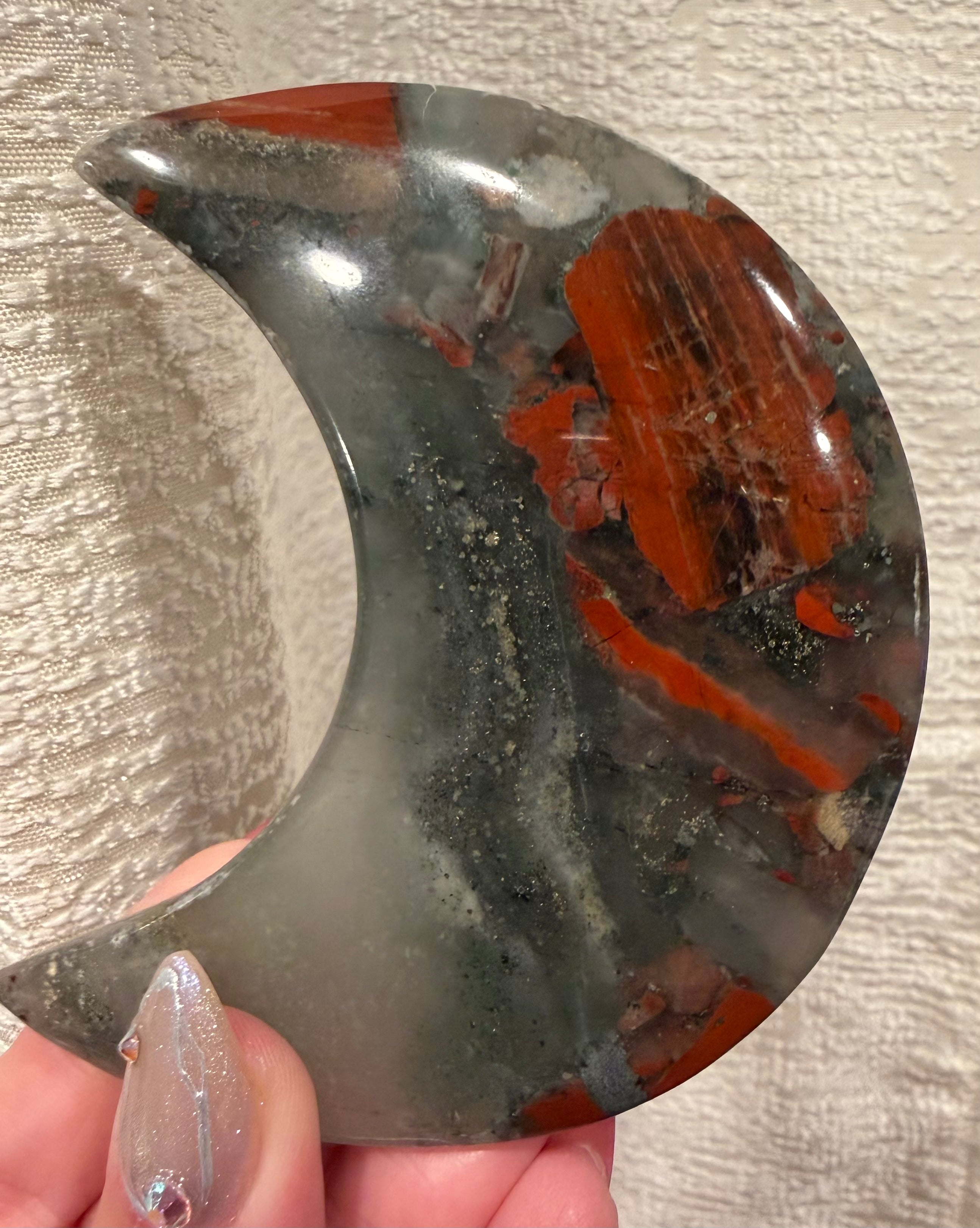 African Bloodstone Crescent Moon on Metal Stand - Natural Stone Decor