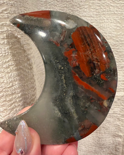 African Bloodstone Crescent Moon on Metal Stand - Natural Stone Decor