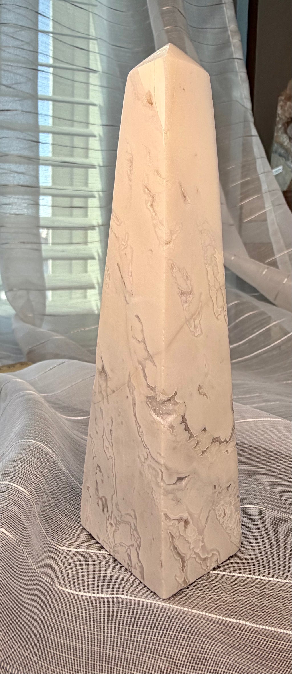Polished White Druzy
Quartz Tower Obelisk -
Natural Mineral Specimen