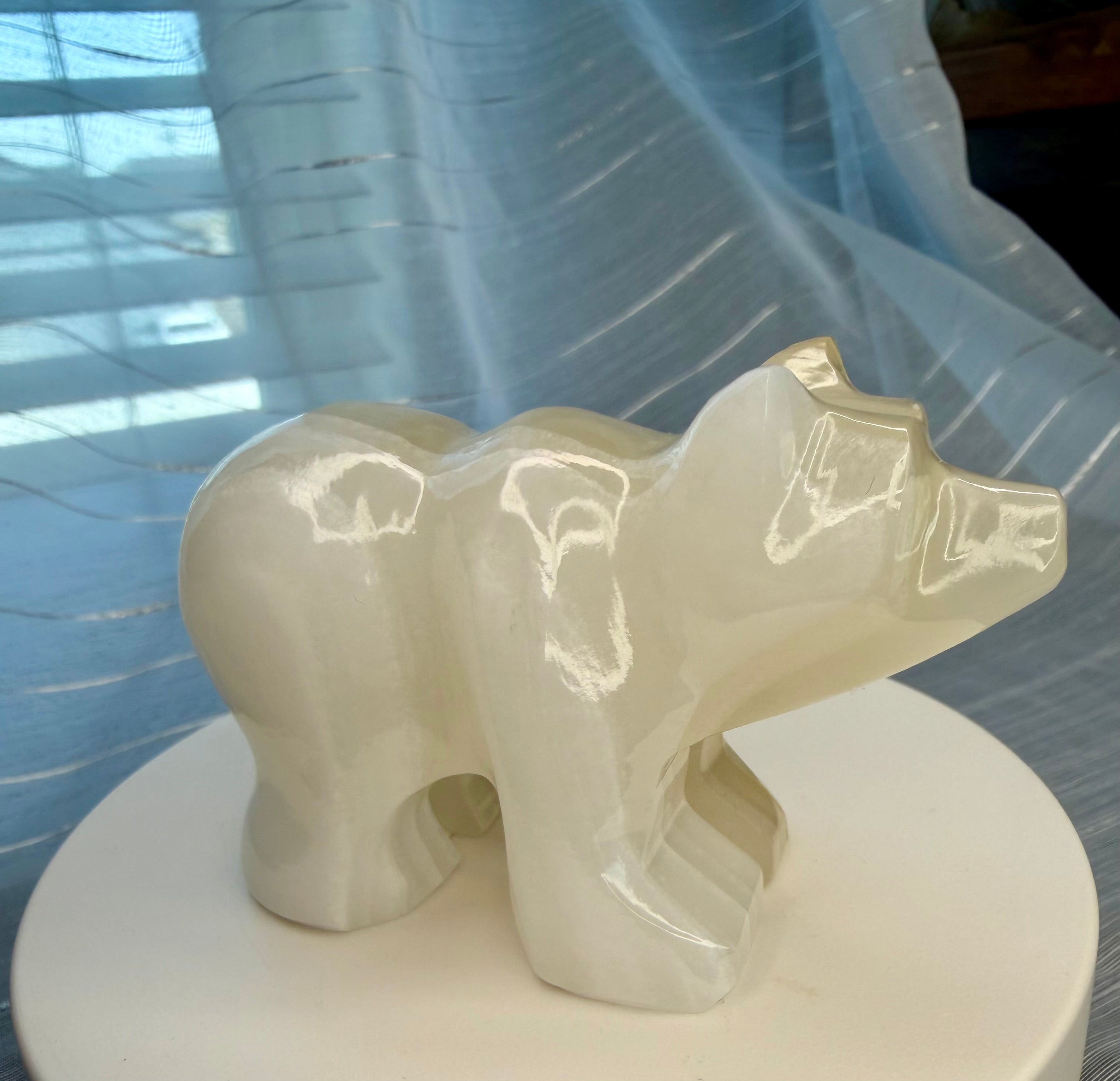 White Onyx Bear Carving - UV Reactive Banded Calcite Grizzly Figurine