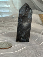Arfvedsonite Polished Crystal Tower 2.5" - Black Stone with Blue Flash