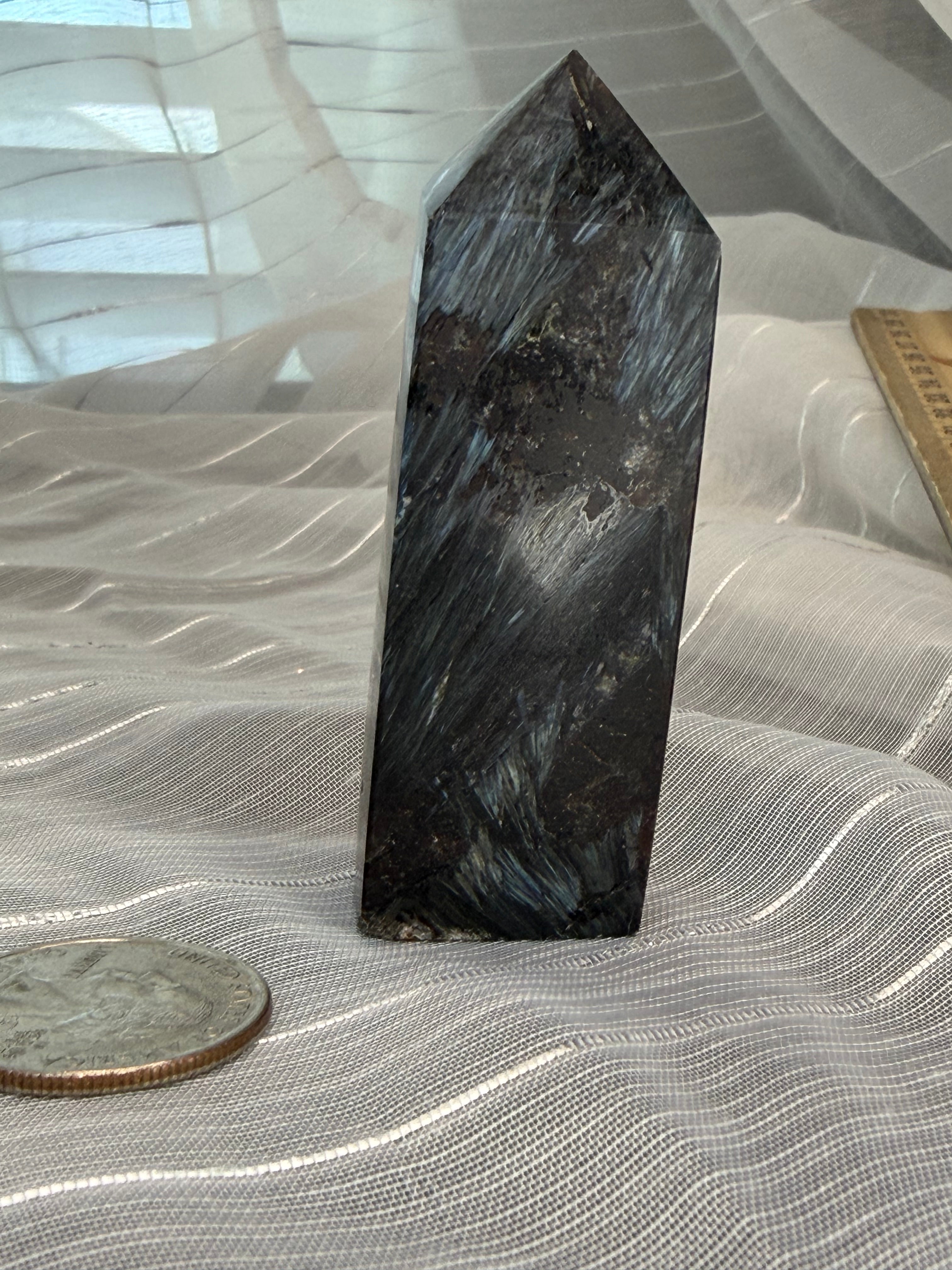 Arfvedsonite Polished Crystal Tower 2.5" - Black Stone with Blue Flash