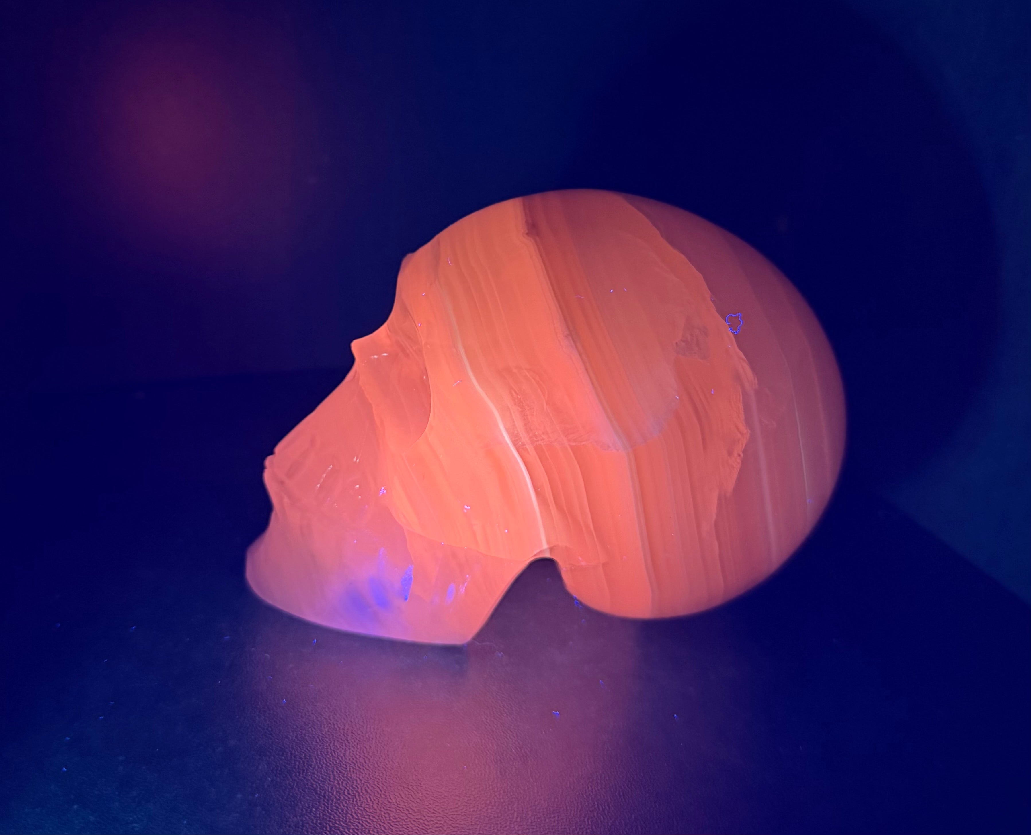 Mexican Green Onyx Skull Carving - UV Reactive Banded Calcite