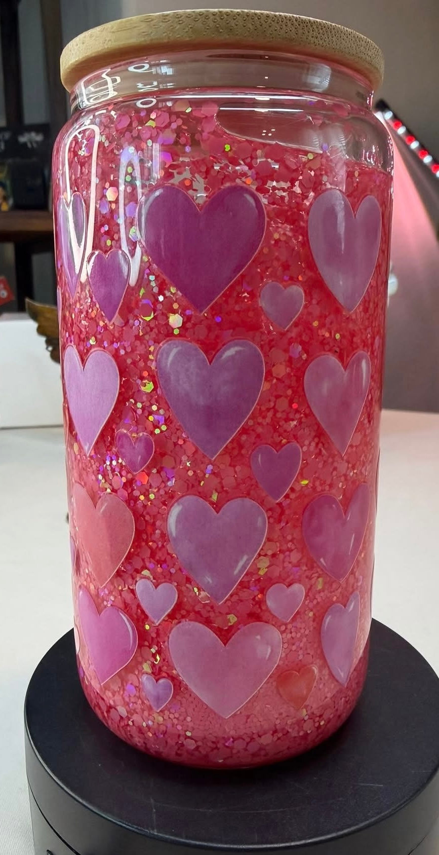 Pink Glitter Heart Snow Globe Cup
