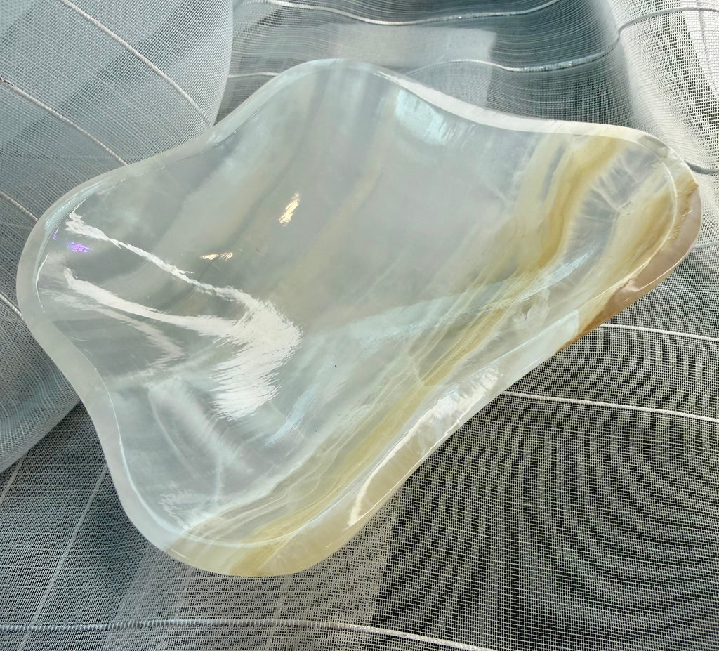 Polished Amber Onyx Bowl - Freeform Banded Stone Dish, UV Reactive