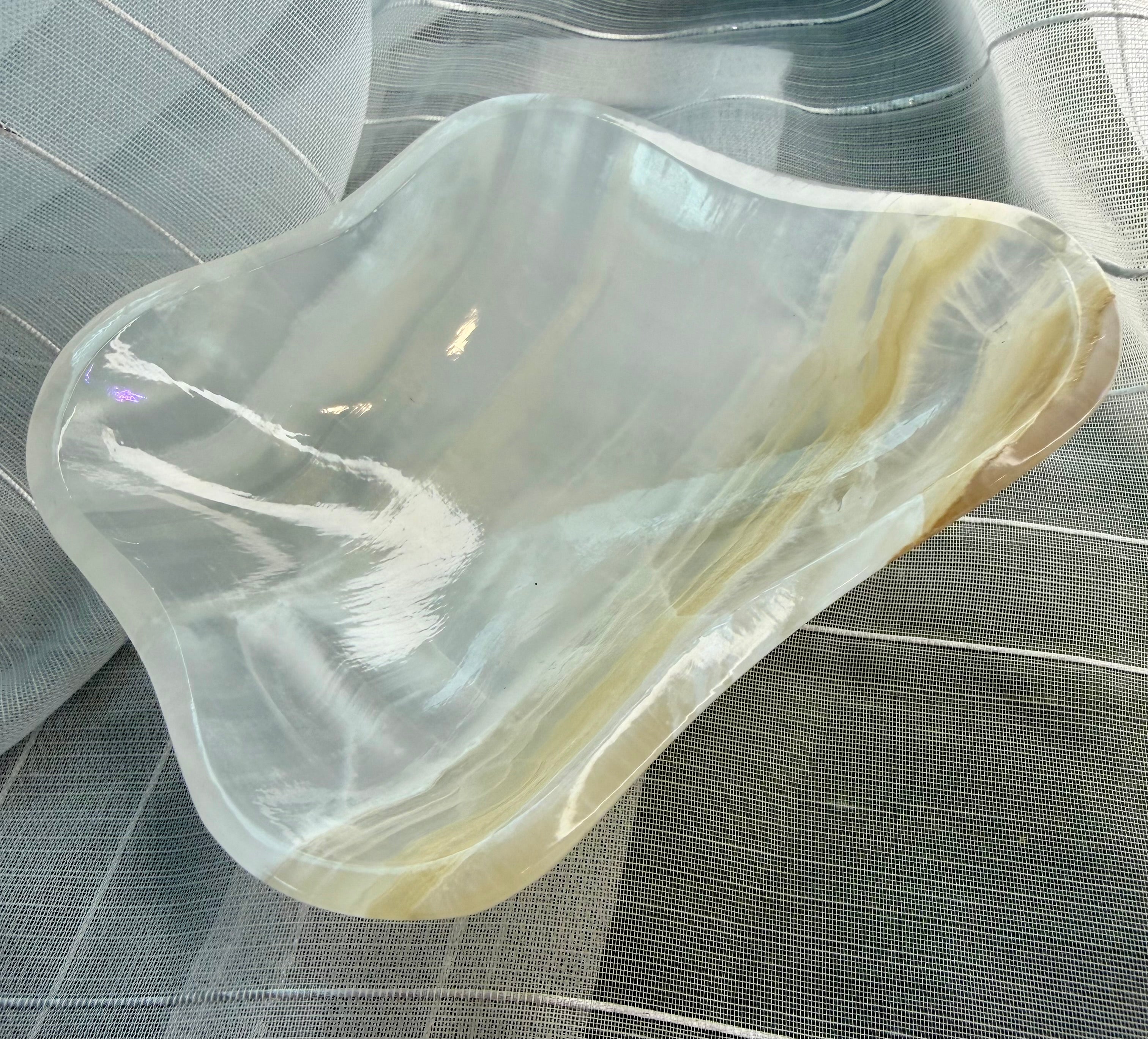 Polished Amber Onyx Bowl - Freeform Banded Stone Dish, UV Reactive