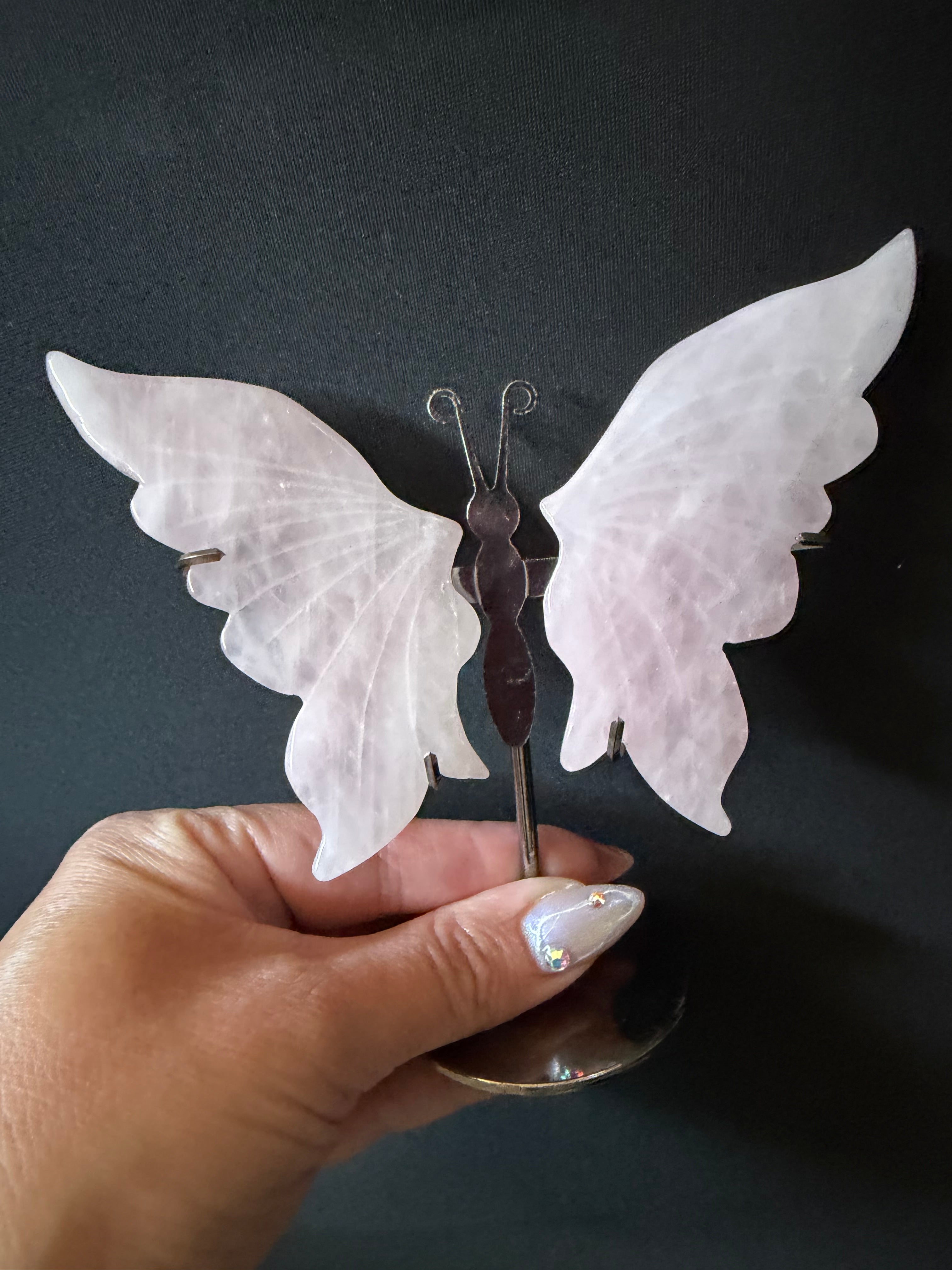 Rose Quartz Butterfly Wings on Metal Stand - Carved Natural Stone Decor