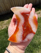 Beautiful Carnelian Agate Crescent Moon on Stand - Orange Red Natural Stone Decor