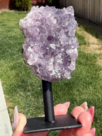 Amethyst Crystal Cluster on Metal Stand - Natural Purple Quartz Specimen