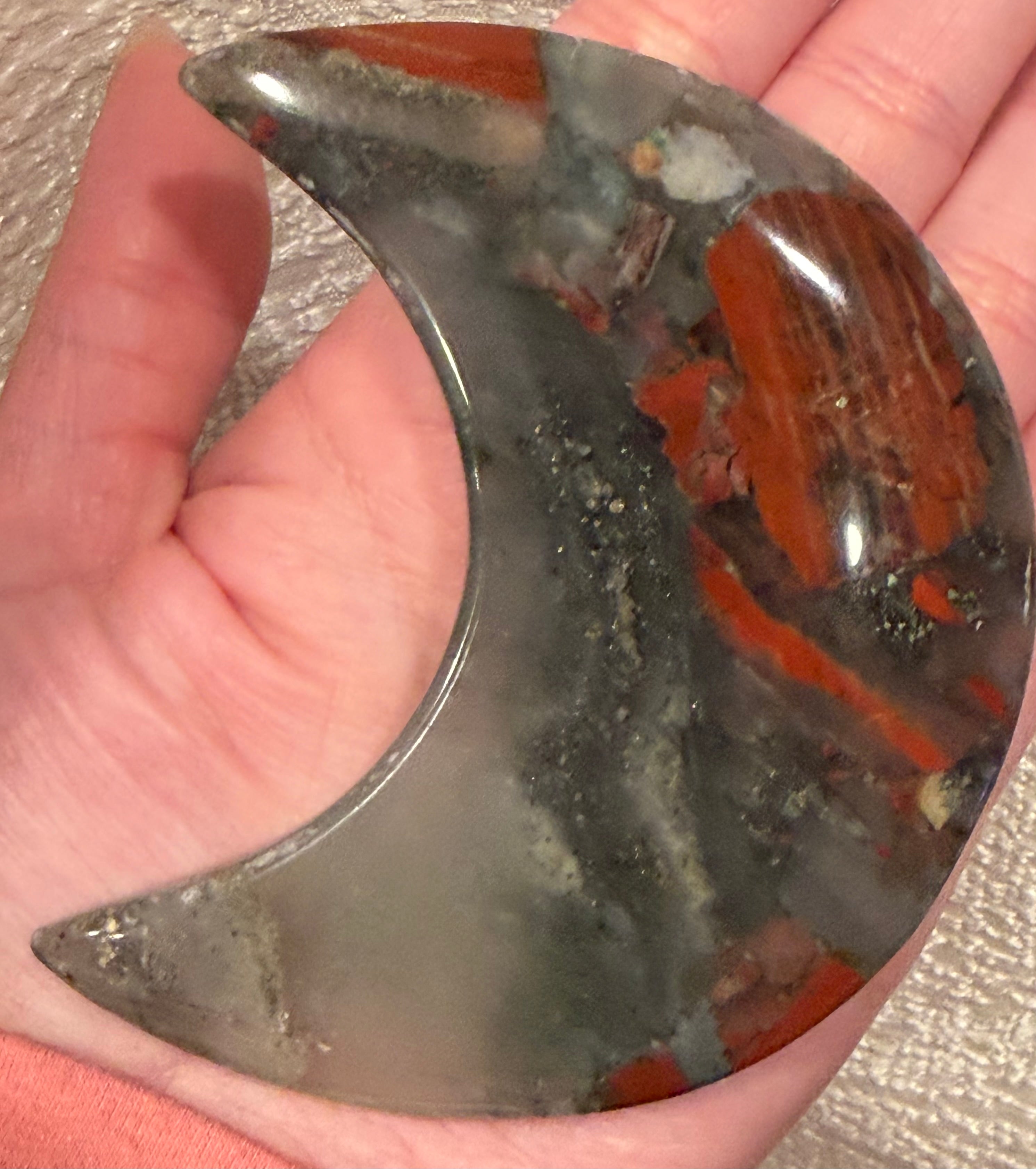 African Bloodstone Crescent Moon on Metal Stand - Natural Stone Decor