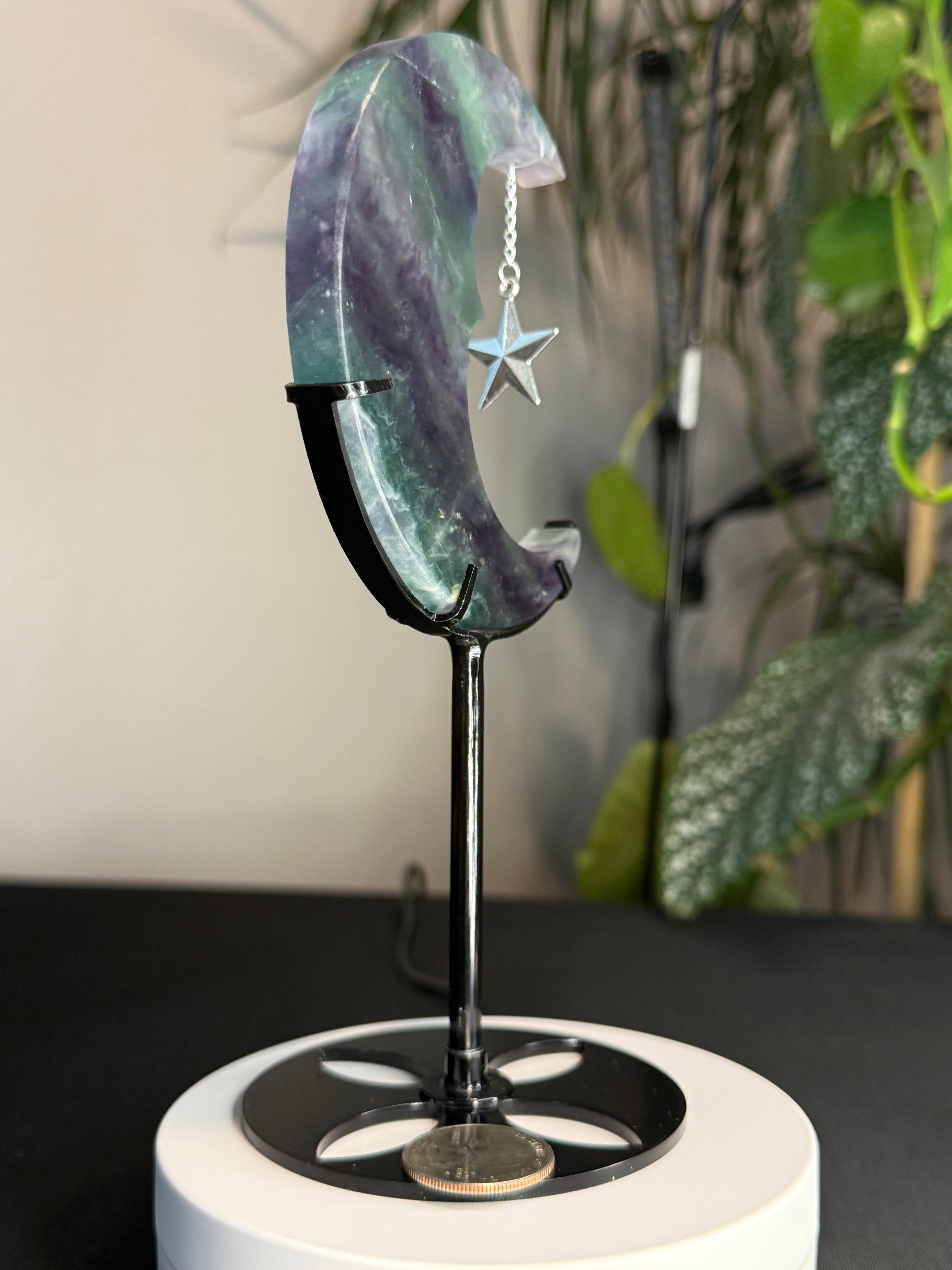 Beautiful Fluorite
Moon Carving with Dangling Metal Star