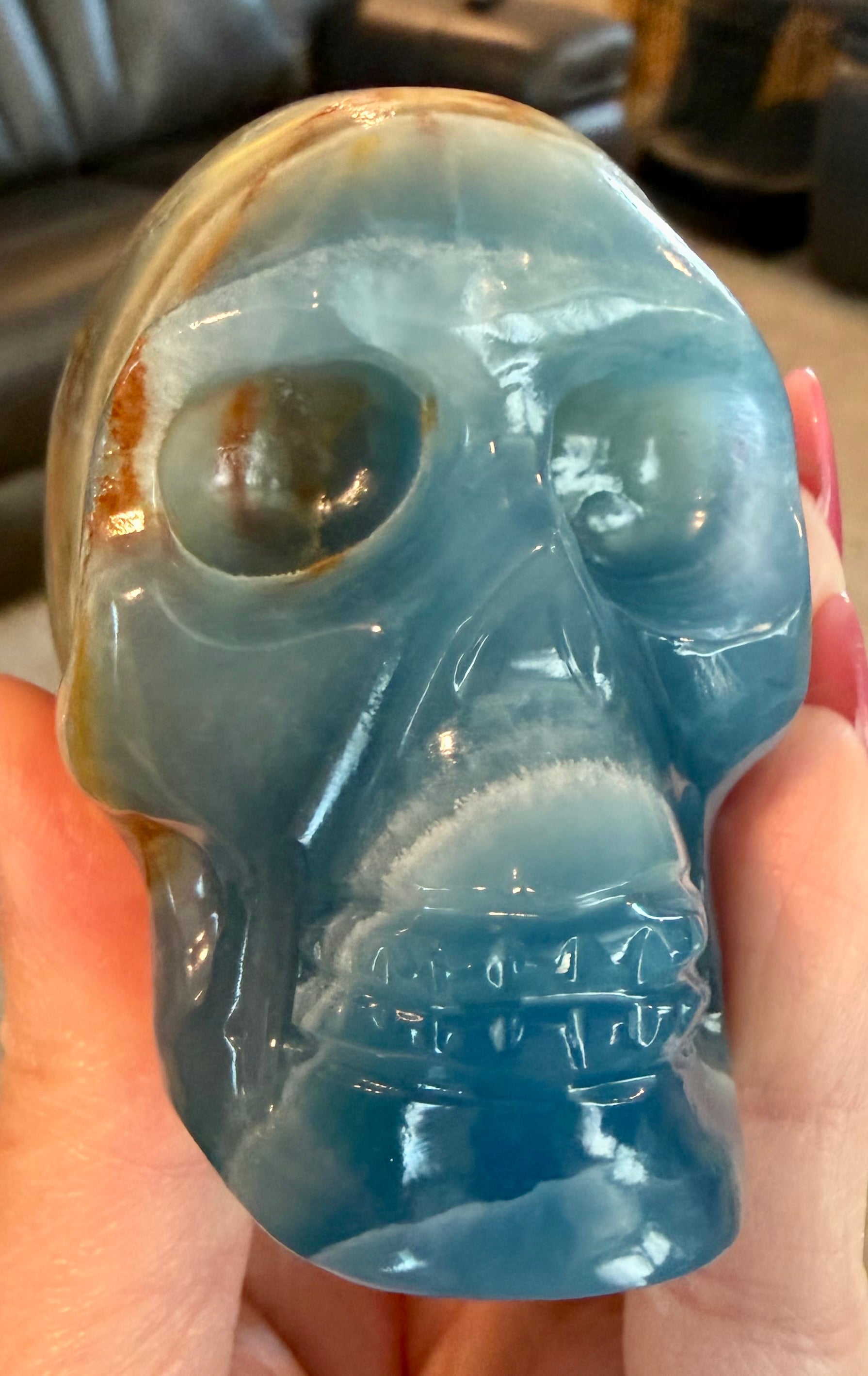 Argentine Blue Onyx Skull Carving - Banded Calcite Crystal Skull