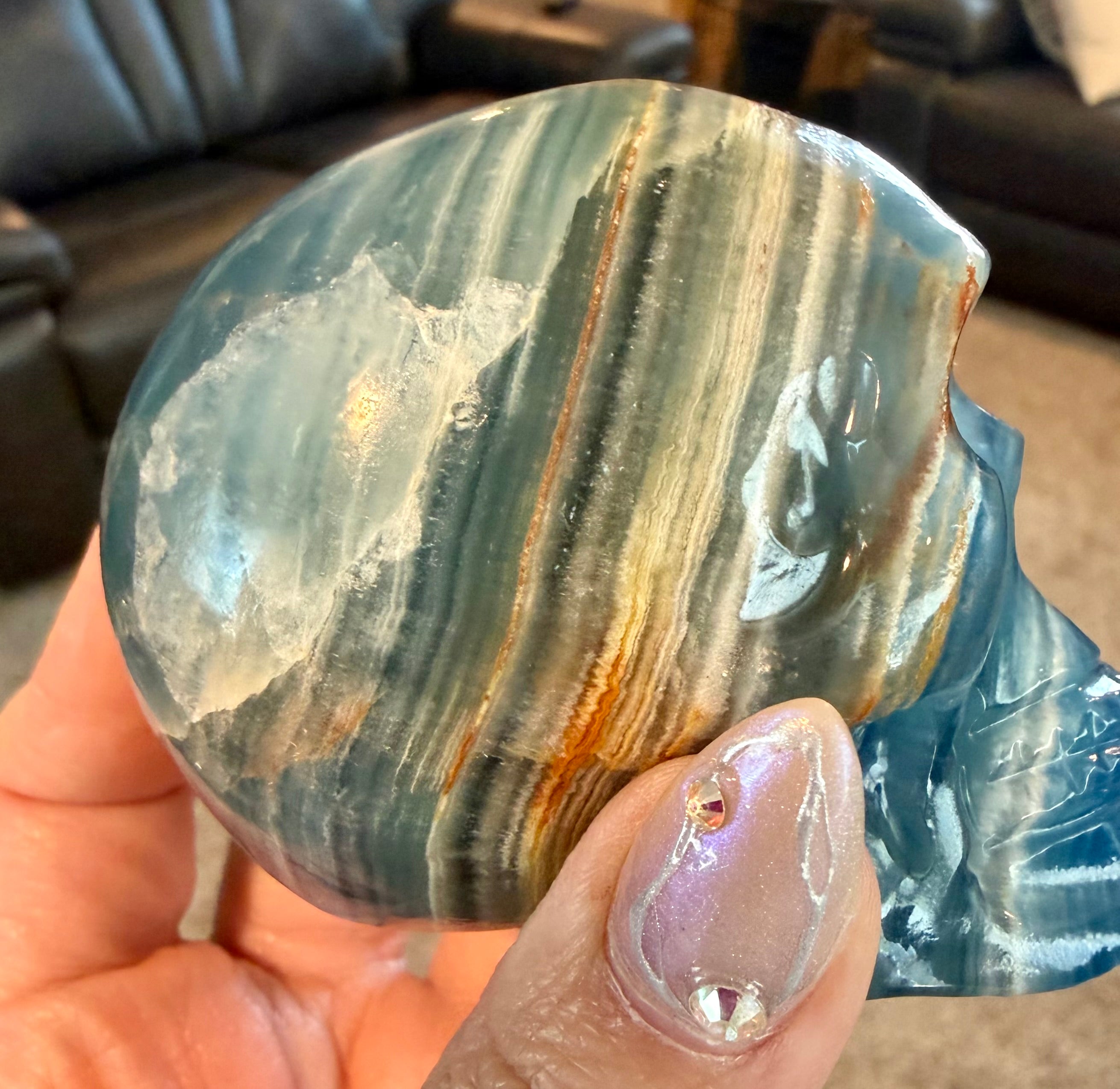 Argentine Blue Onyx Skull Carving - Banded Calcite Crystal Skull