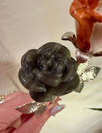 Labradorite and Red Jasper Carved Stone Roses on Metal Stem - Natural Stone Flower Decor
