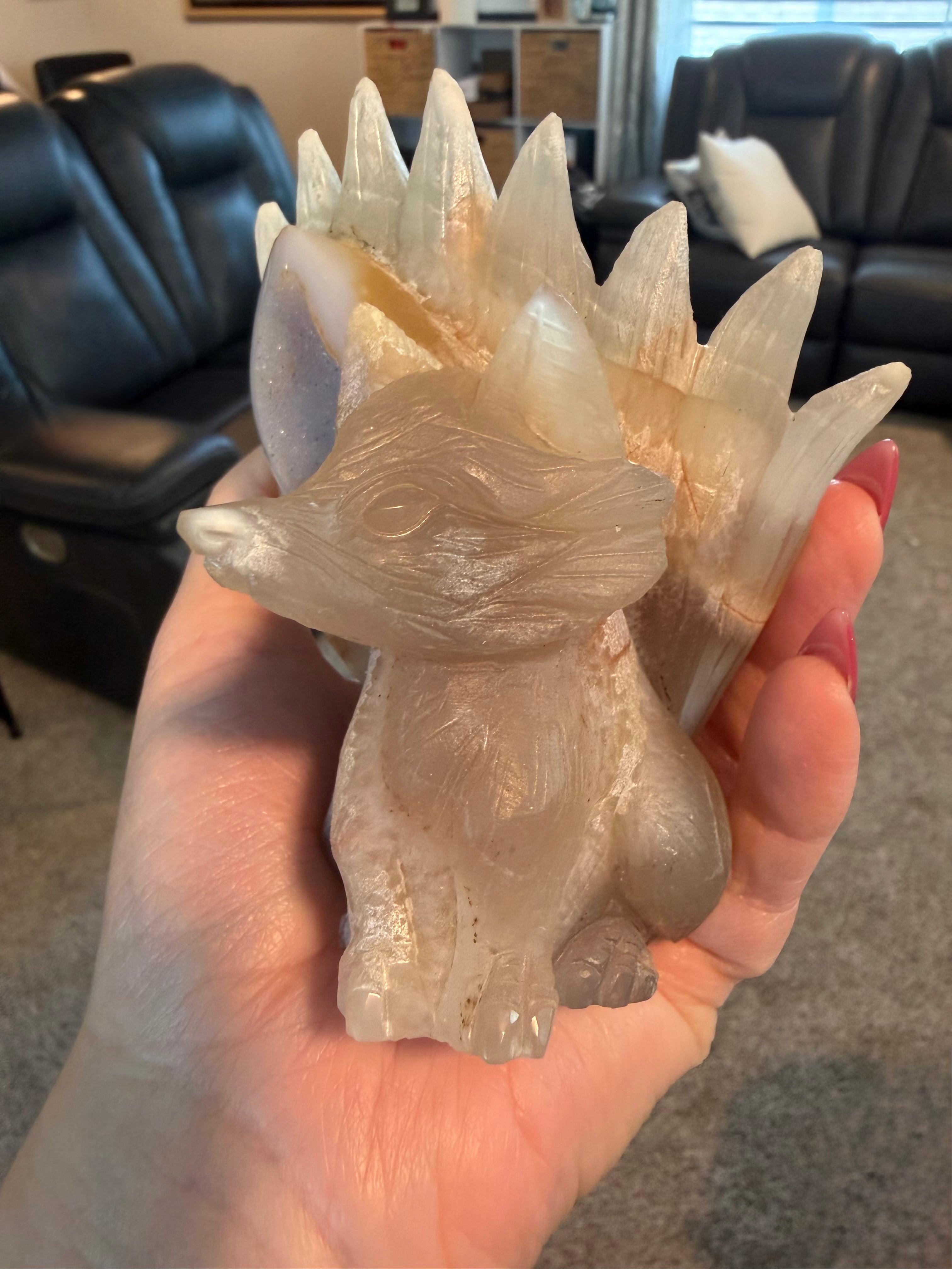 Druzy Agate 9-Tail Fox Carving - Crystal Kitsune Fox Statue