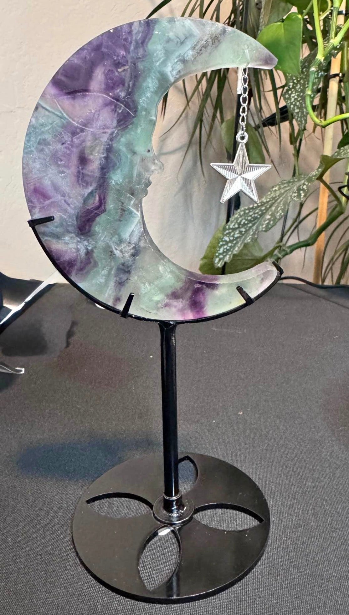 Beautiful Fluorite Crescent Moon Crystal with Star Charm