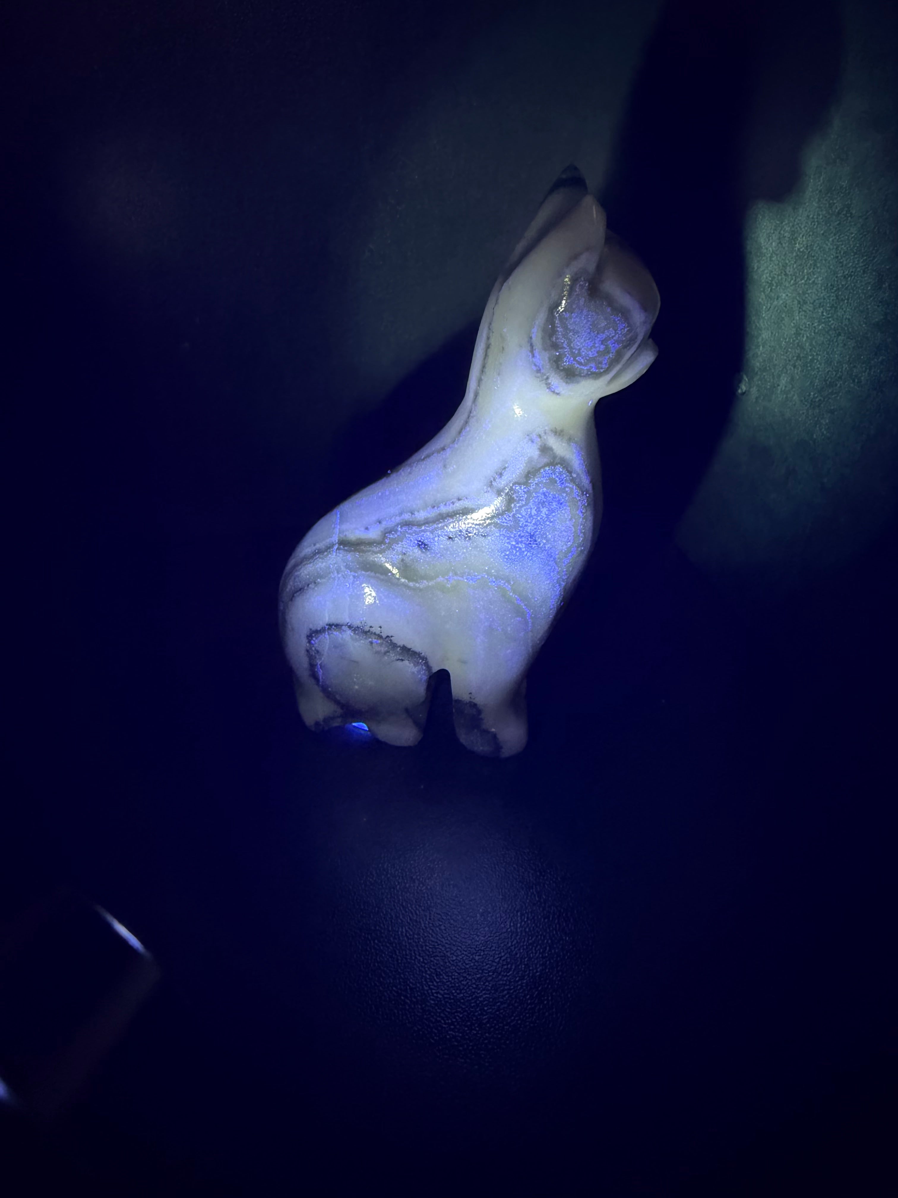 Zebra Calcite Sitting Cat Carving from Mexico - UV Reactive Stone Figurine