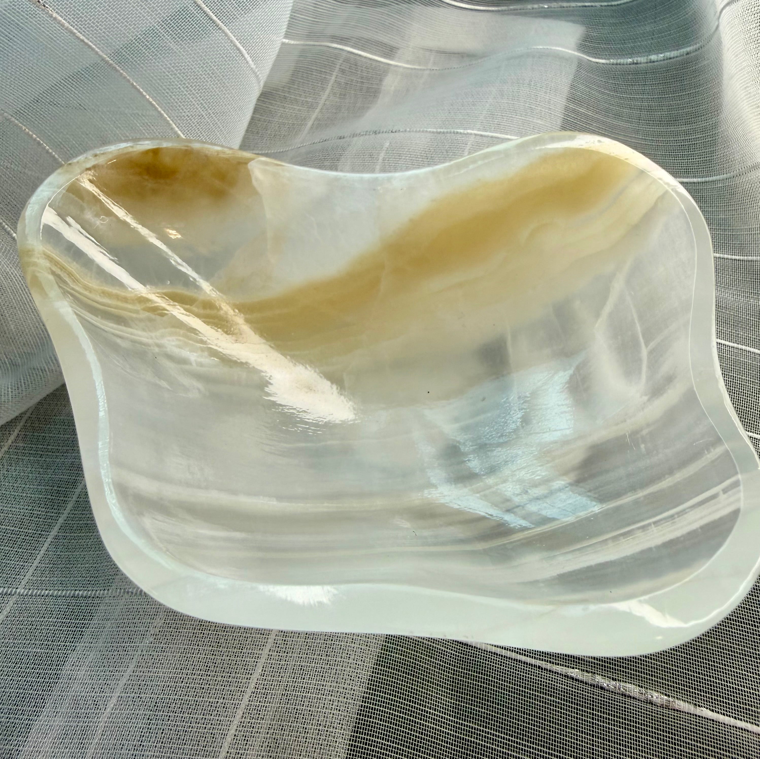 Polished Amber Onyx Bowl - Freeform Banded Stone Dish, UV Reactive