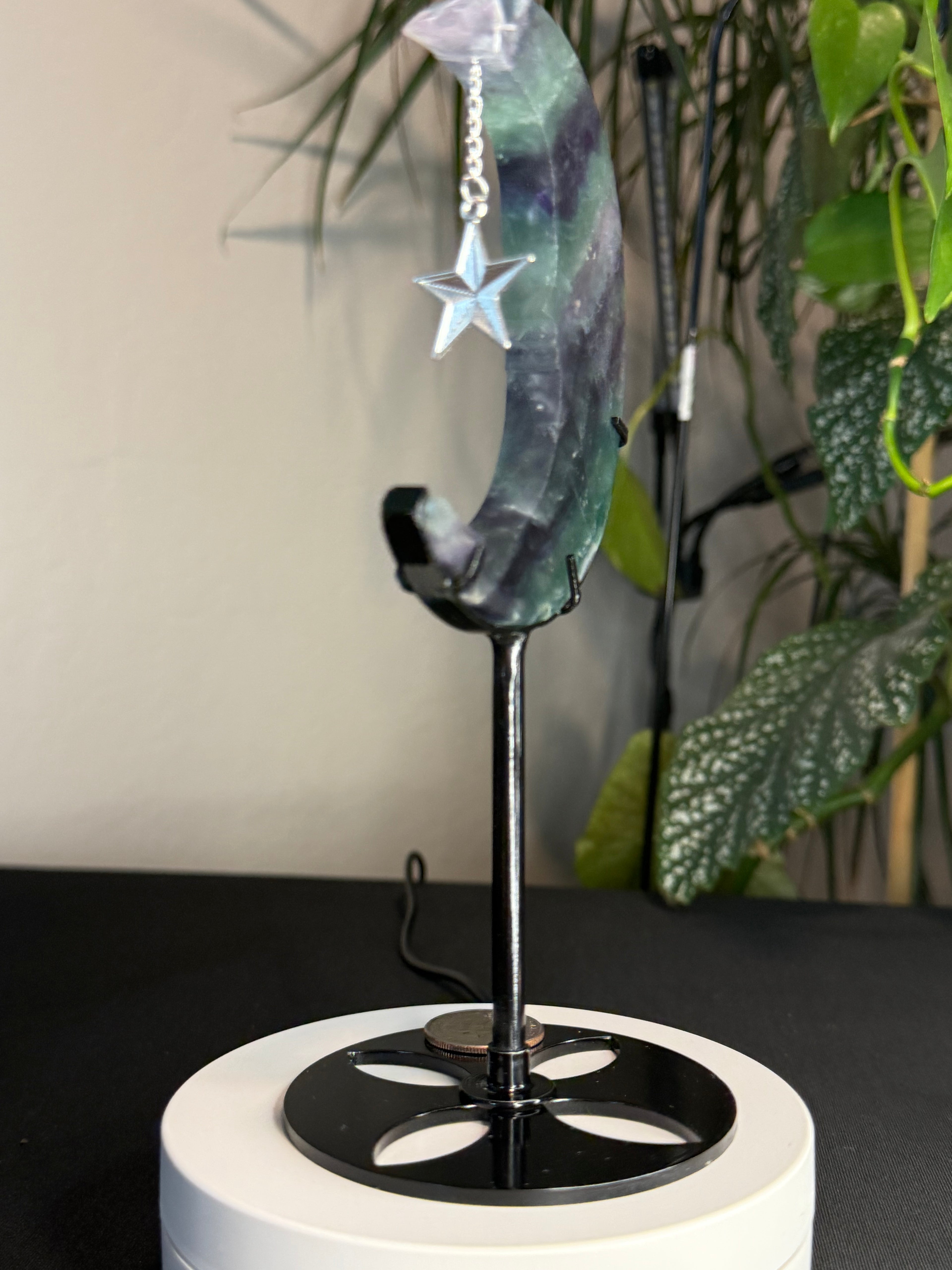 Beautiful Fluorite
Moon Carving with Dangling Metal Star