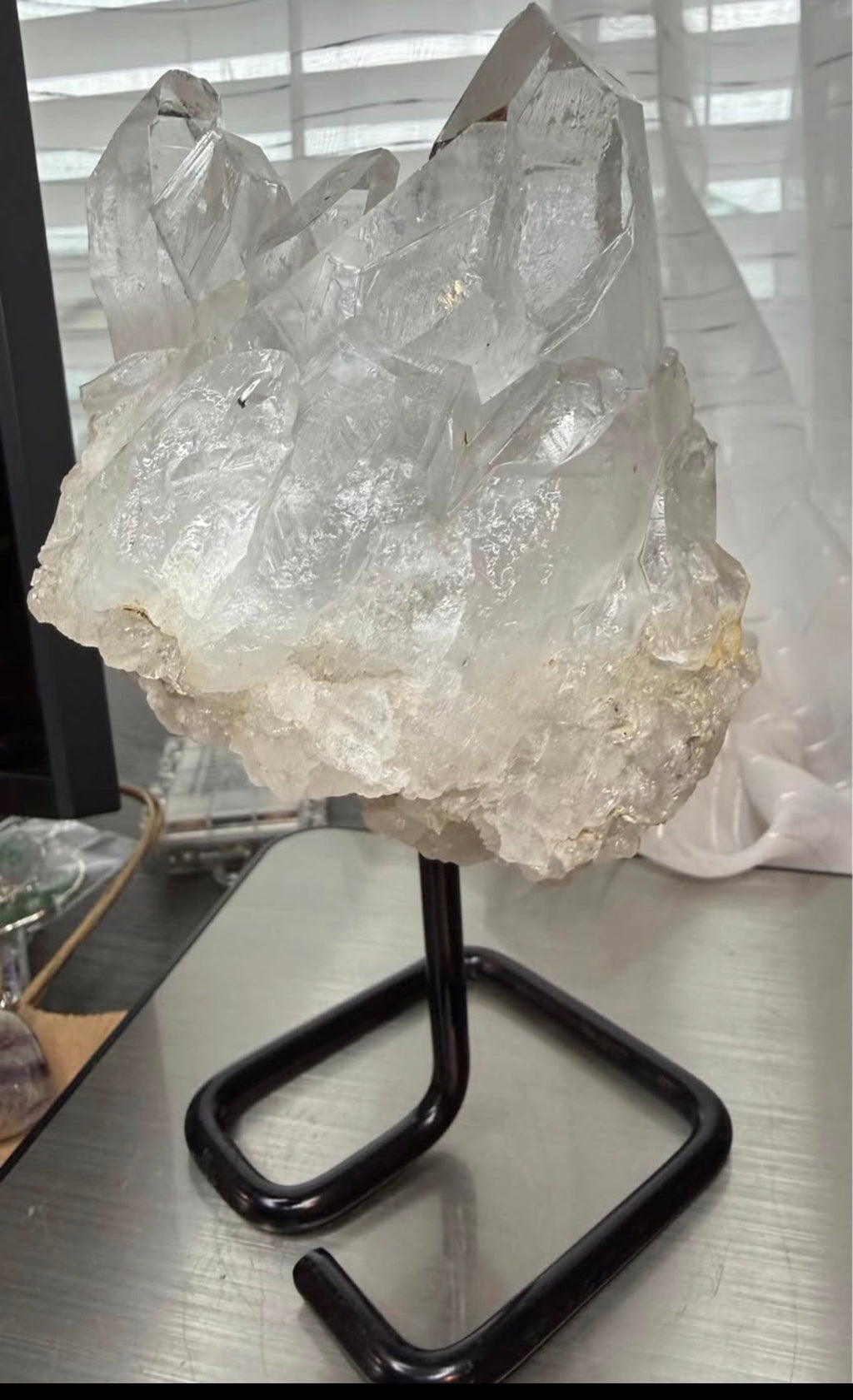 Large Brazilian Clear Quartz Crystal Cluster on Black Metal Stand - 2 lb 10.5 oz Natural Stone Decor