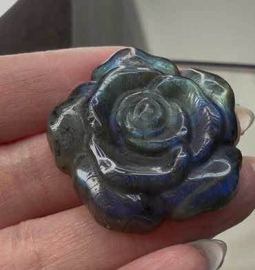 Hand Carved Labradorite Rose Flower, Blue Flash Mini Crystal Carving
