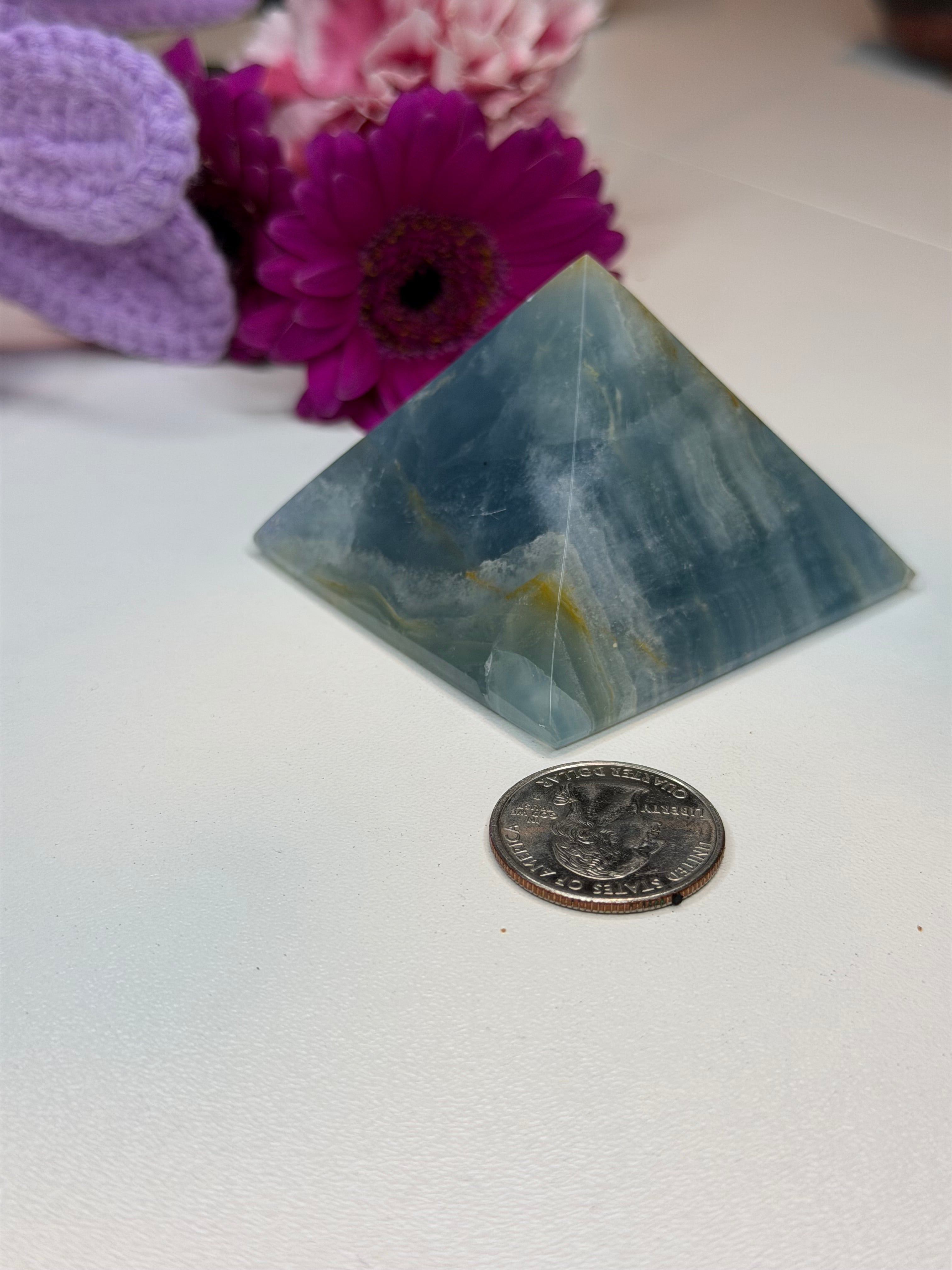 Imperfect Blue Onyx Pyramid - Natural Banded Stone Carving for Home Decor