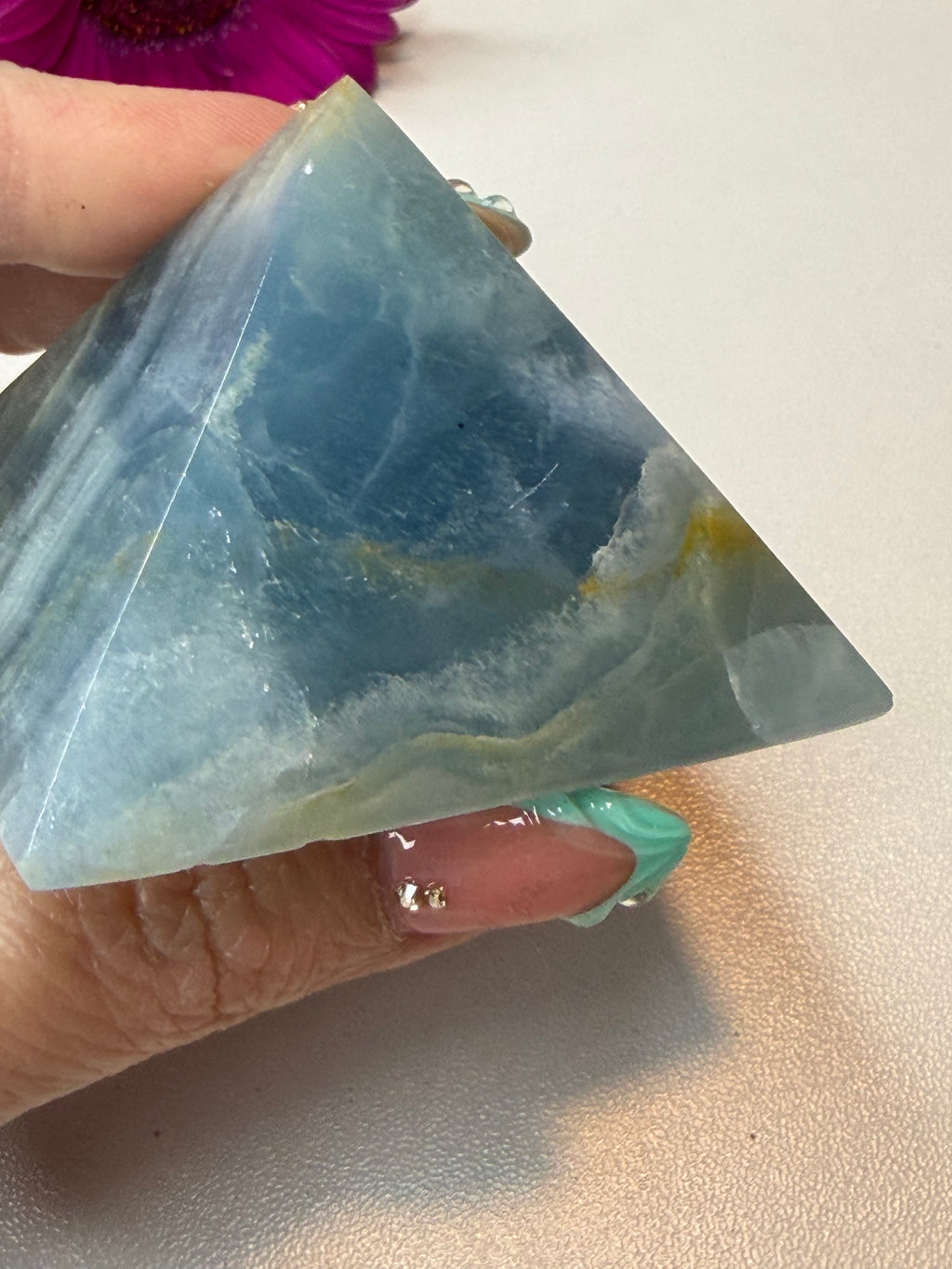 Imperfect Blue Onyx Pyramid - Natural Banded Stone Carving for Home Decor