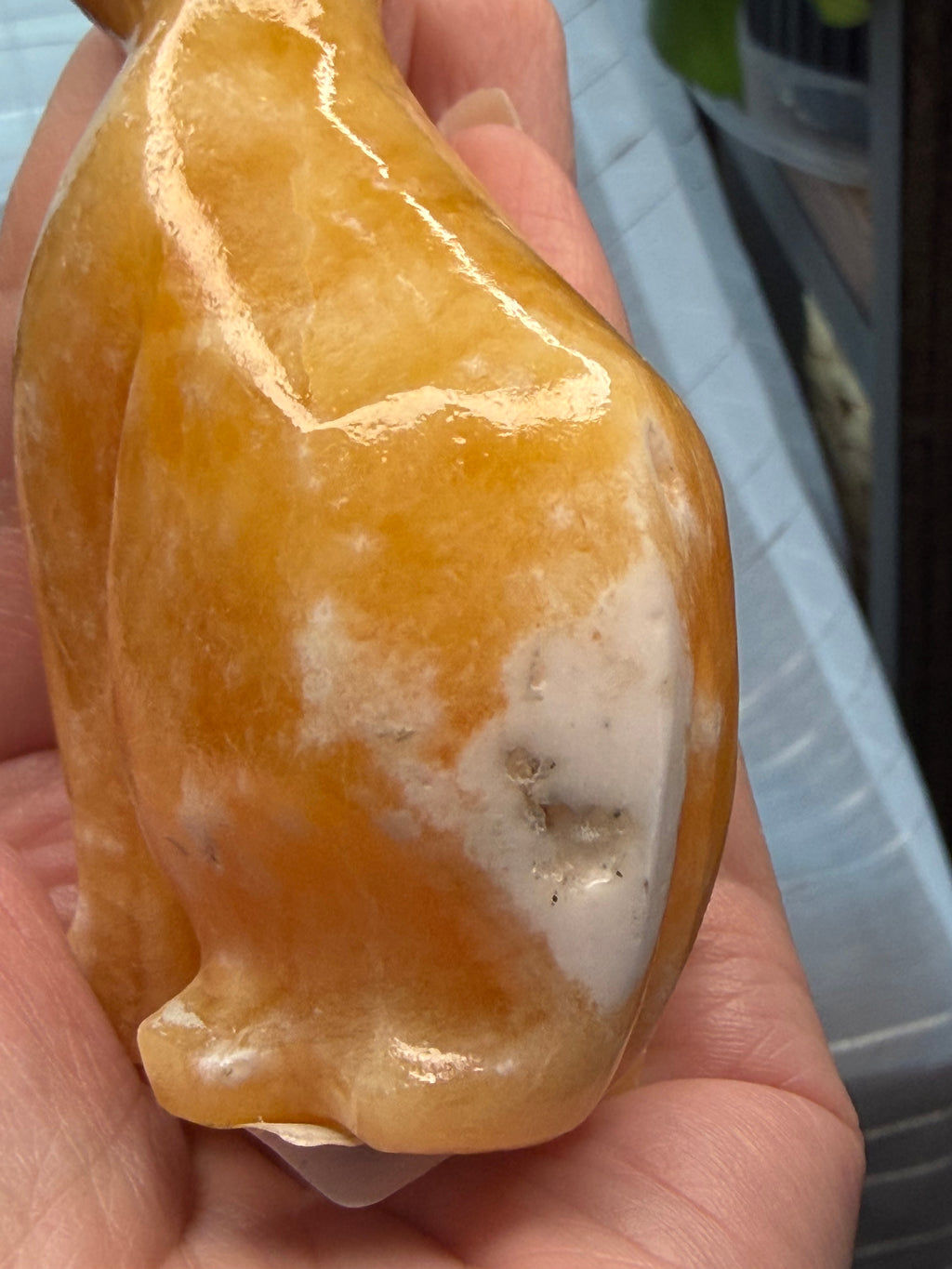 Orange Calcite Cat Carving - UV Reactive Fluorescent Stone Figurine