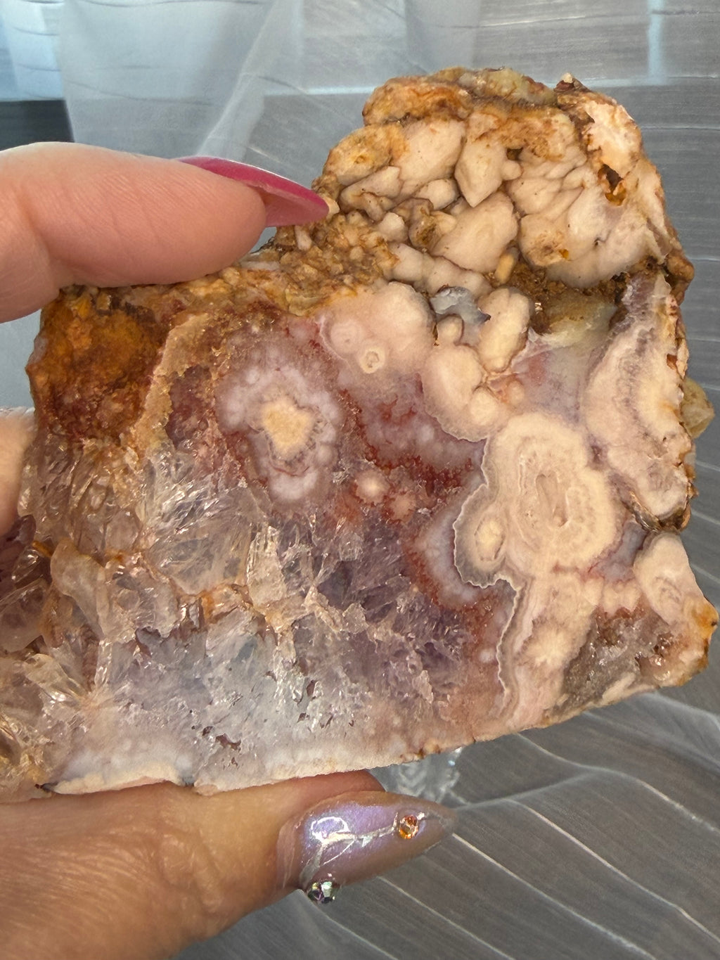 Pink Amethyst Flower Agate Slab with Stand - Natural Crystal Display