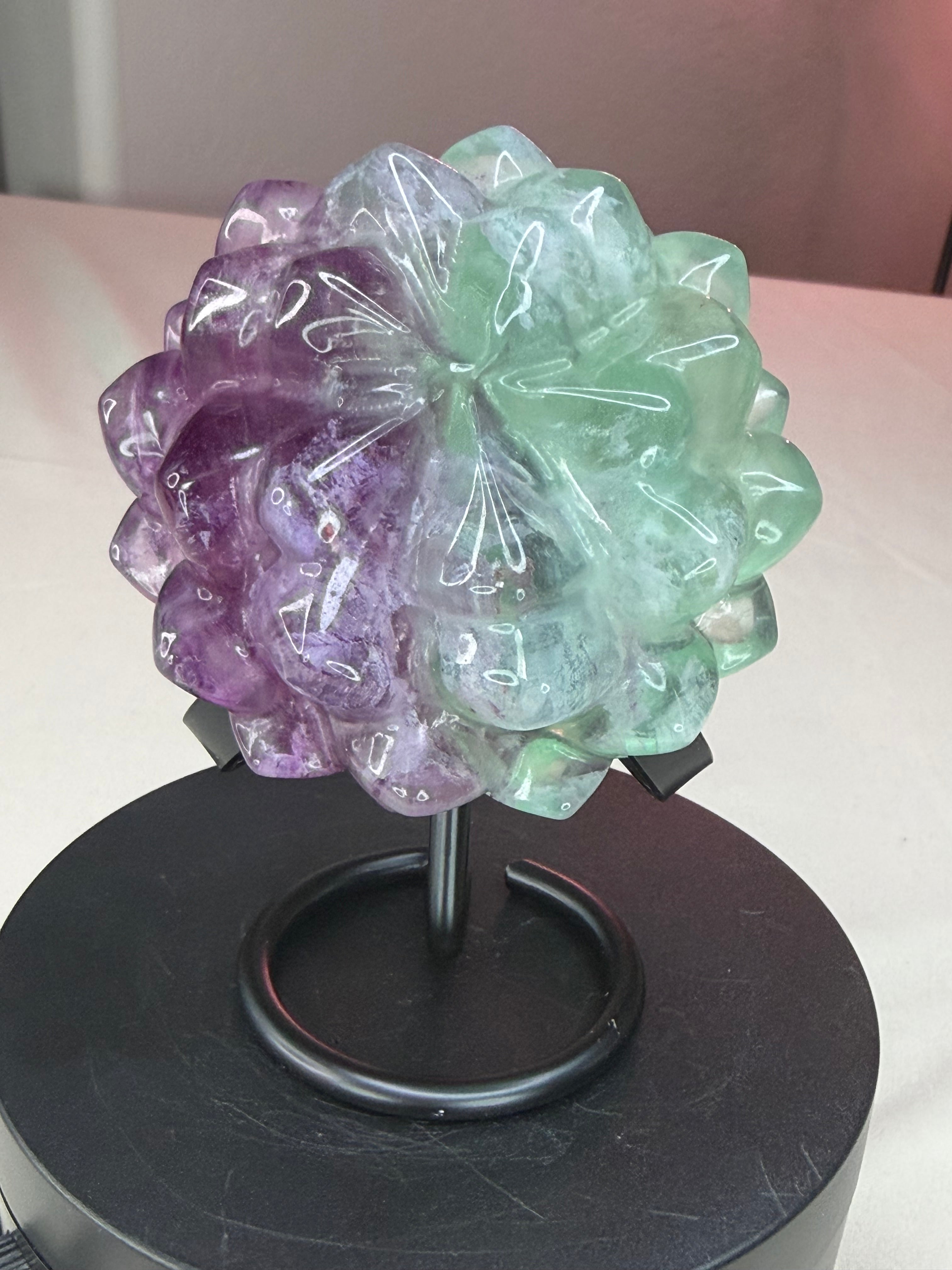 Rainbow Fluorite Flower Succulent Carving on Stand