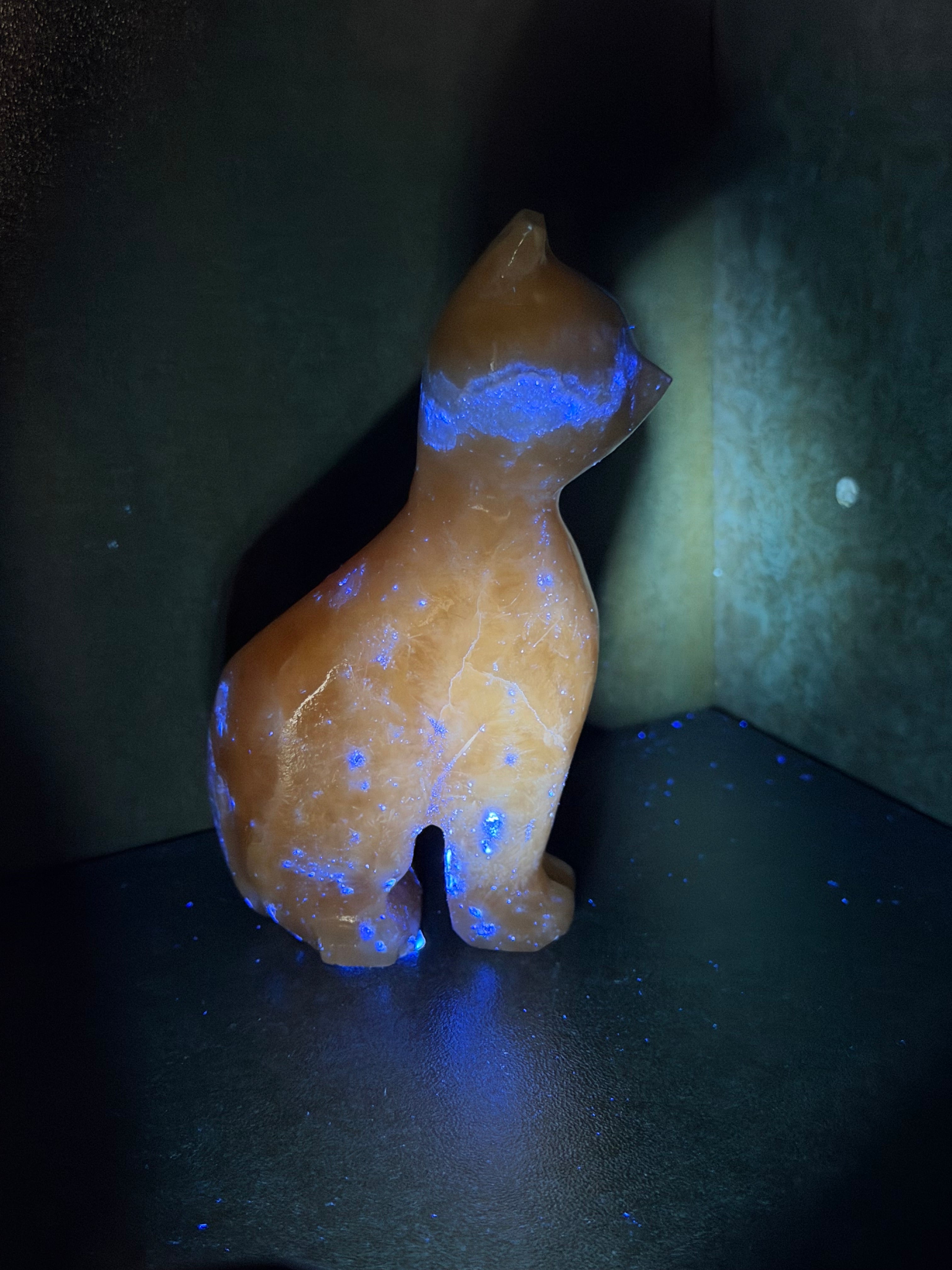 Orange Calcite Cat Carving - UV Reactive Fluorescent Stone Figurine
